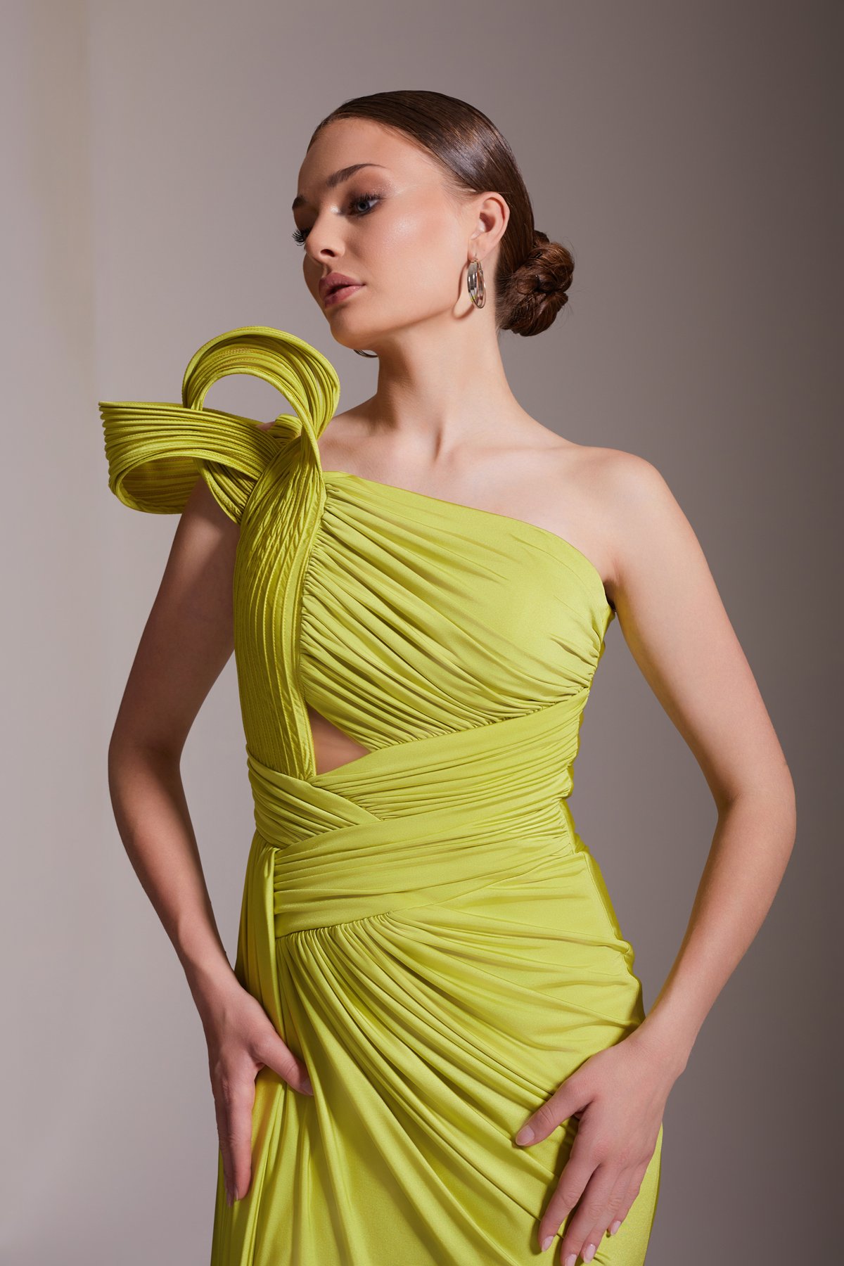 One Shoulder Draped Long Evening Dress Yellow Black Transitional