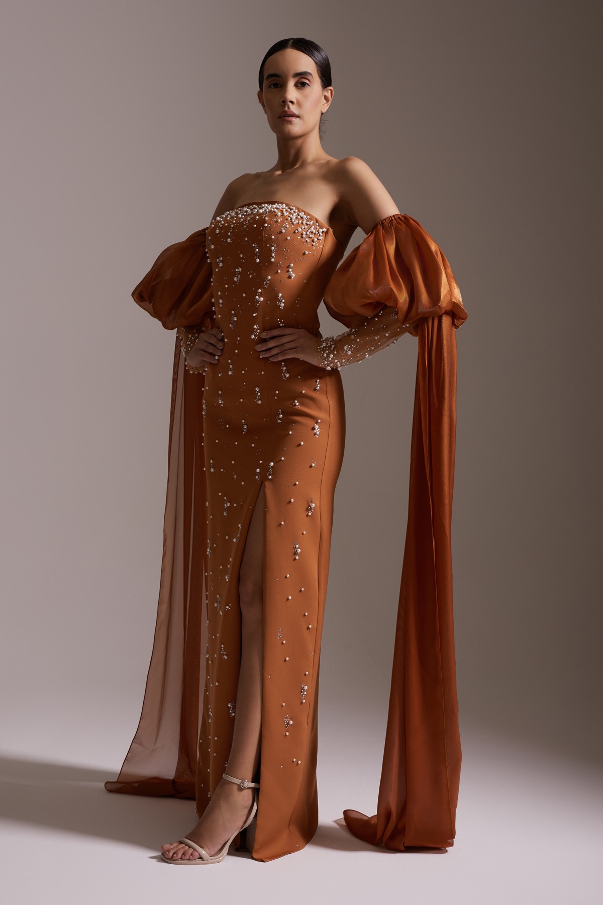 Strapless Pearl Embroidered Balloon Sleeve Slit Evening Dress Caramel