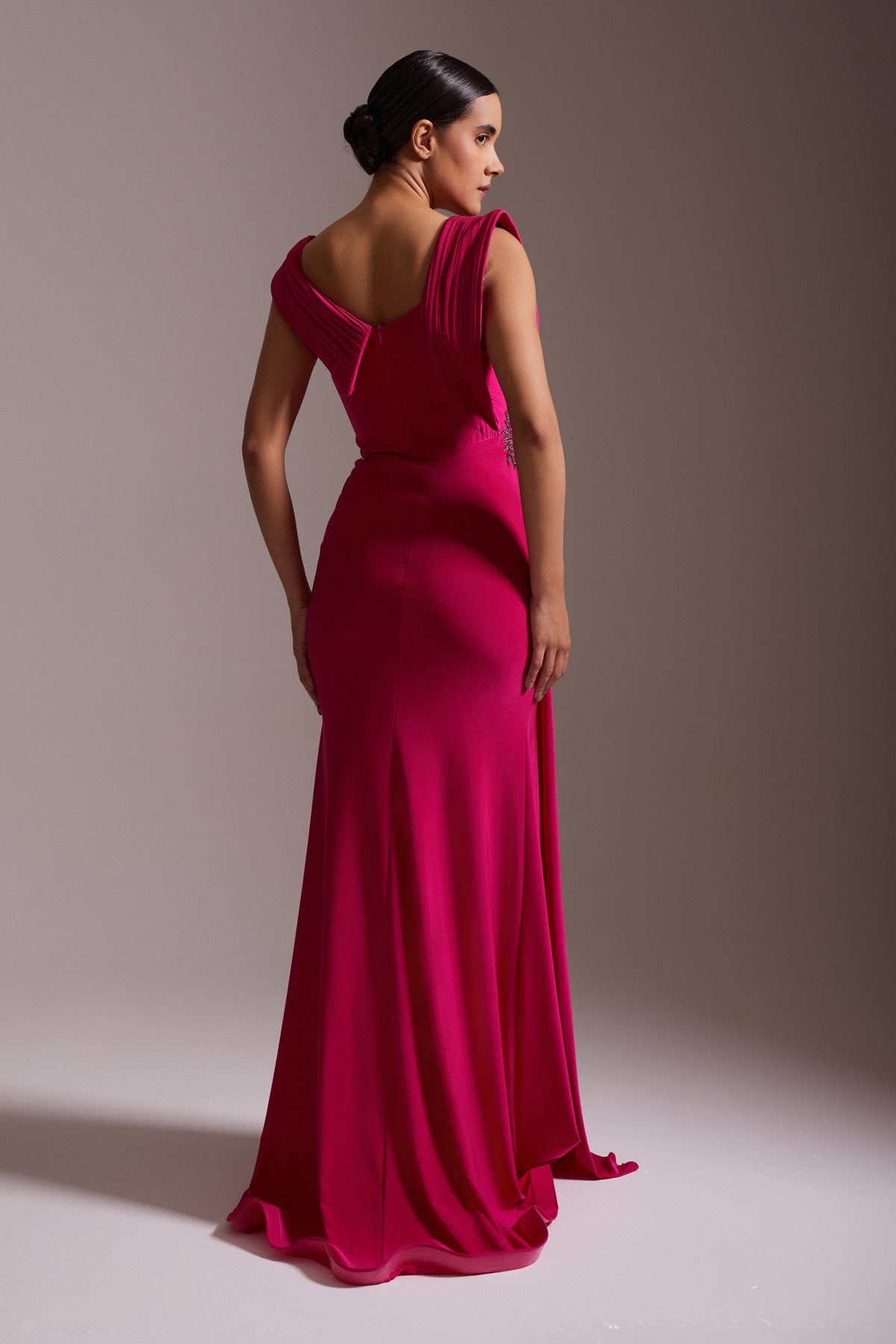 Slit One Shoulder Detailed Stone Embroidered Evening Dress Fuchsia