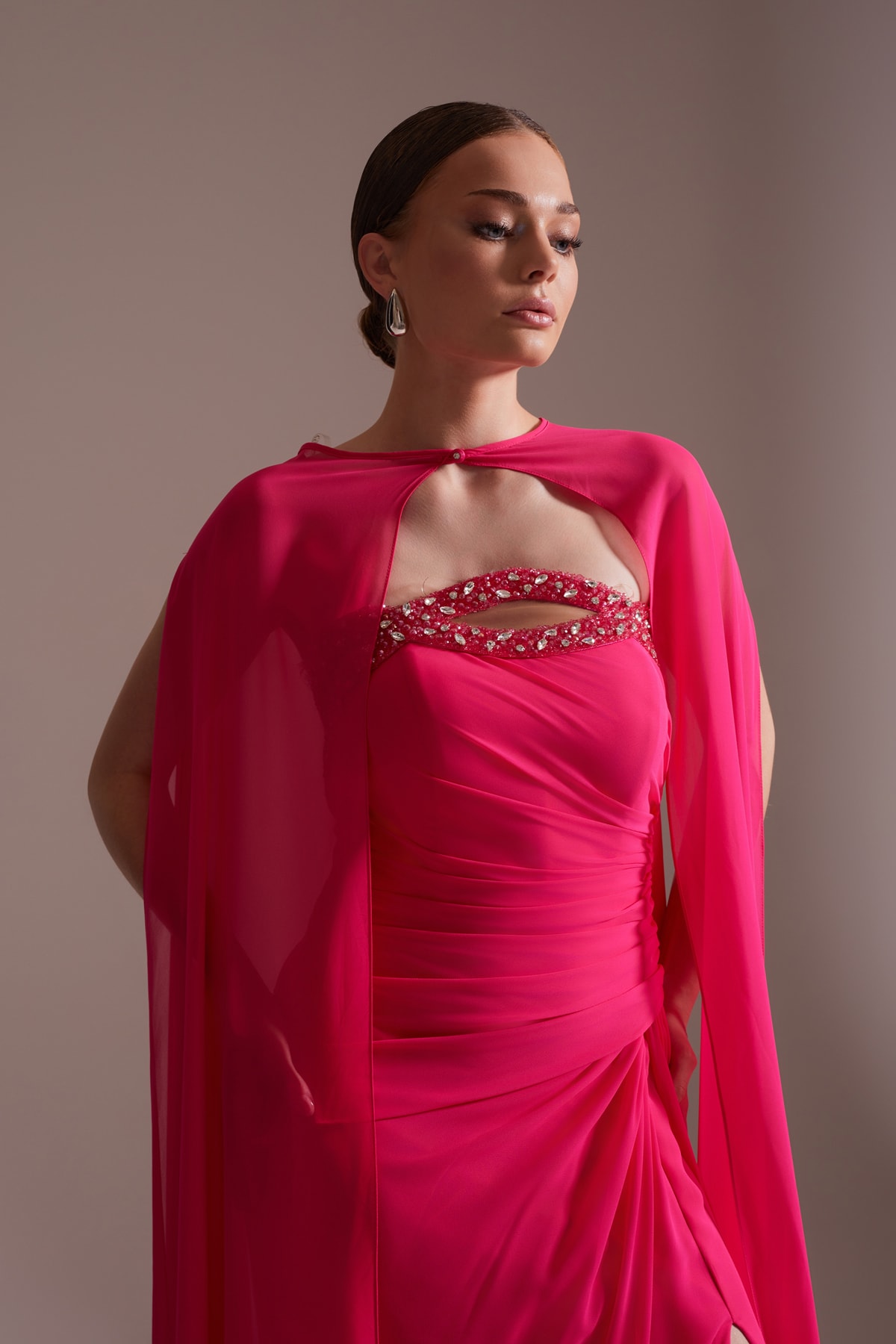 Cape-Shaped Stone Detailed Slit Chiffon Evening Dress Fuchsia