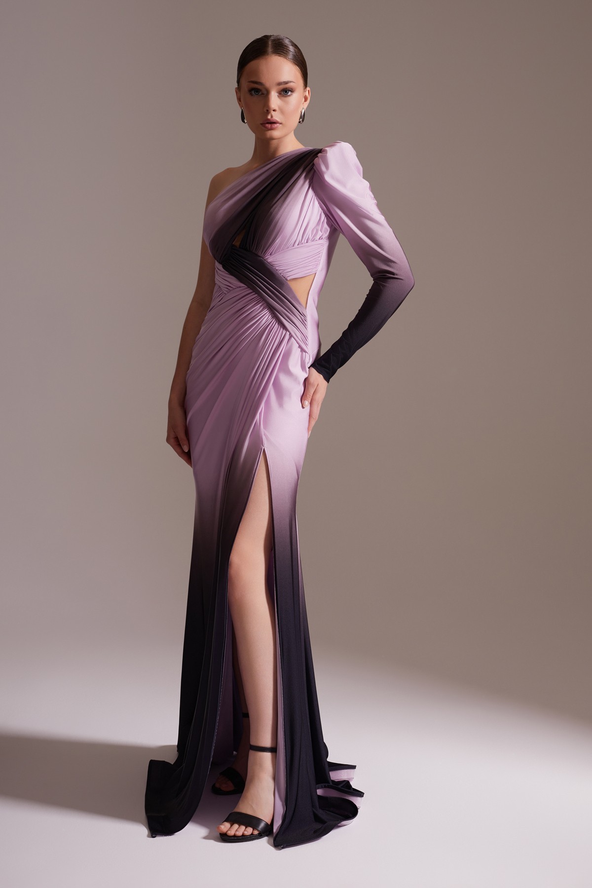 One Shoulder Long Slit Ombre Draped Evening Dress Lilac - Black