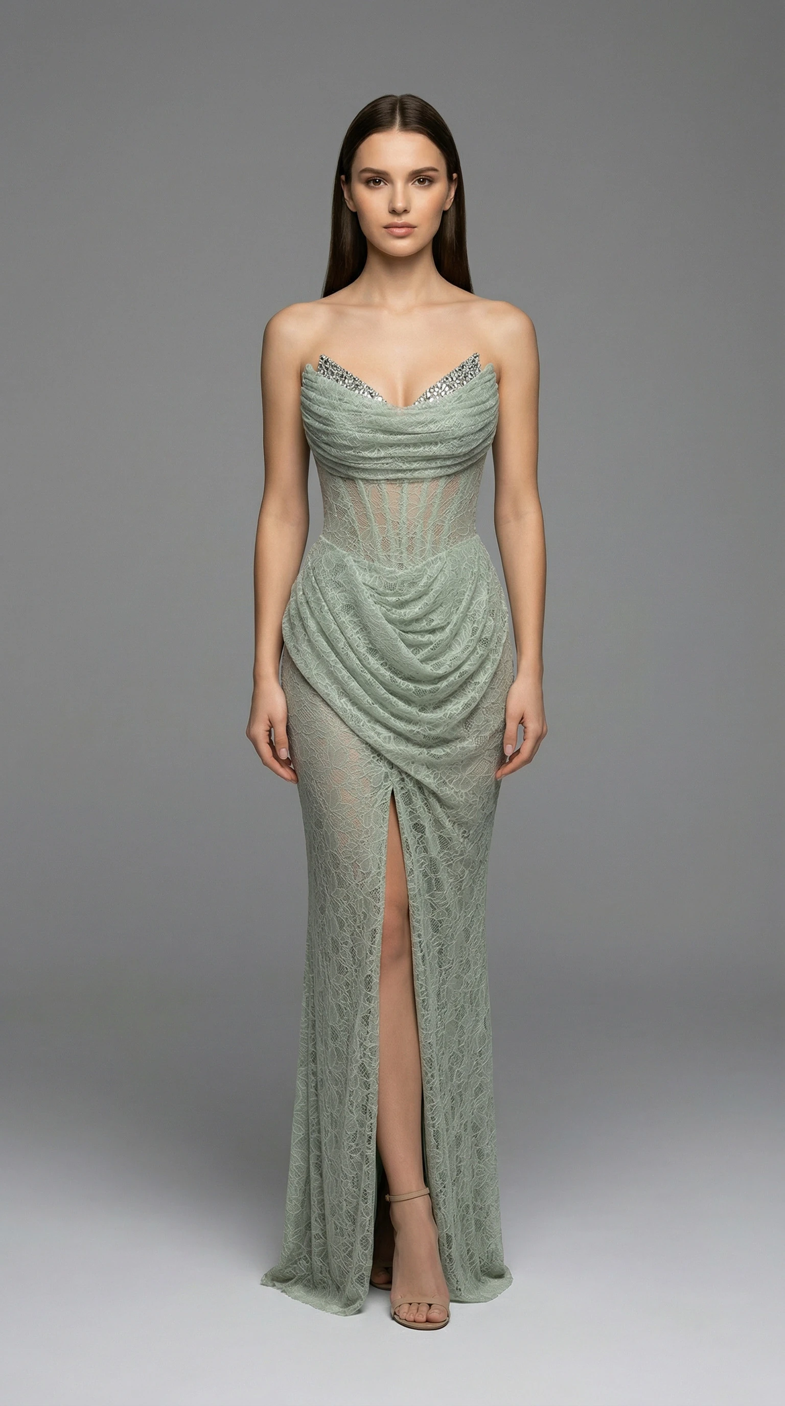 Lace Draped Slit Strapless Long Evening Dress Aqua Green