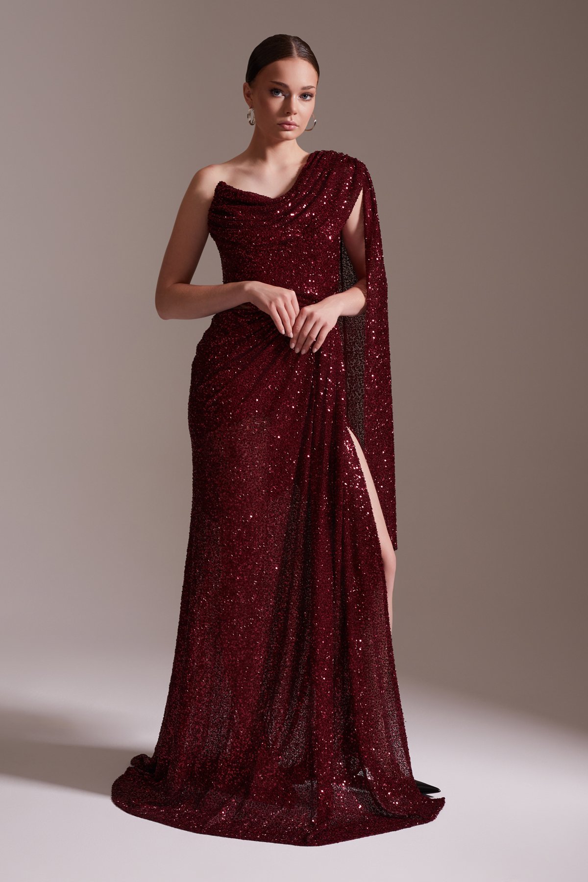 One Shoulder Slit Sequin Evening Dress Burgundy