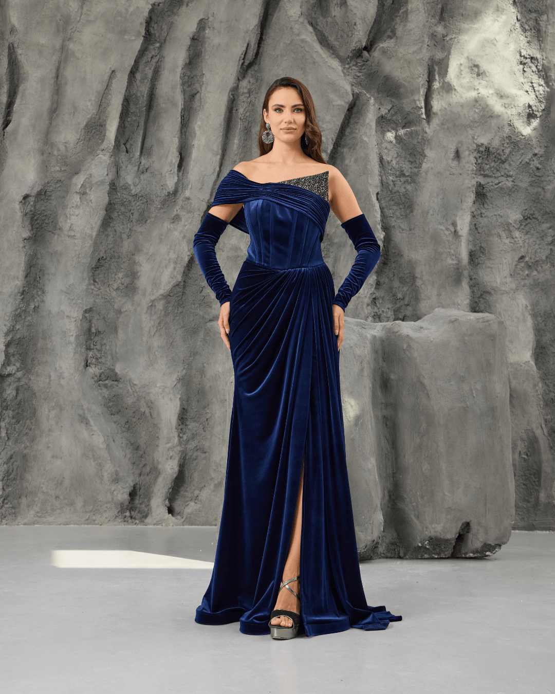 Navy Velvet One Shoulder Gown