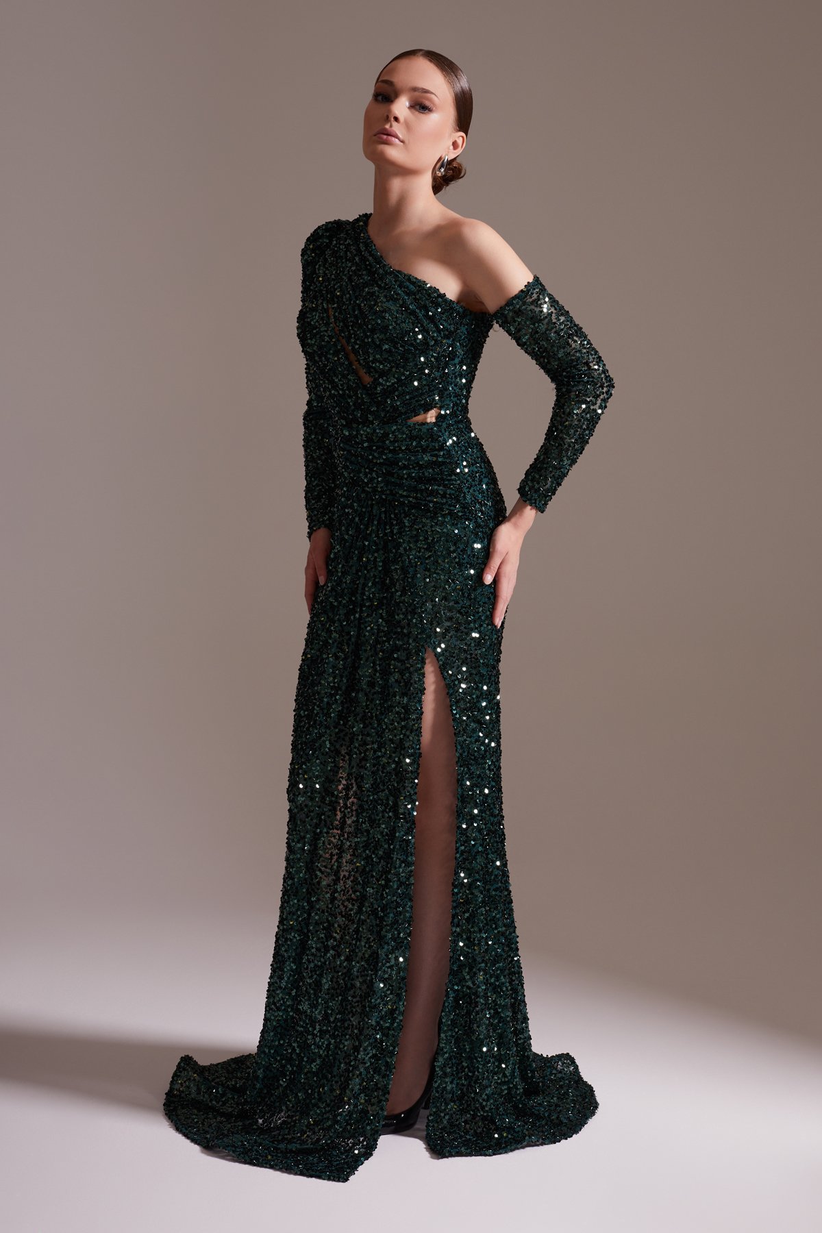 One Shoulder Sequined Slit Evening Dress Green