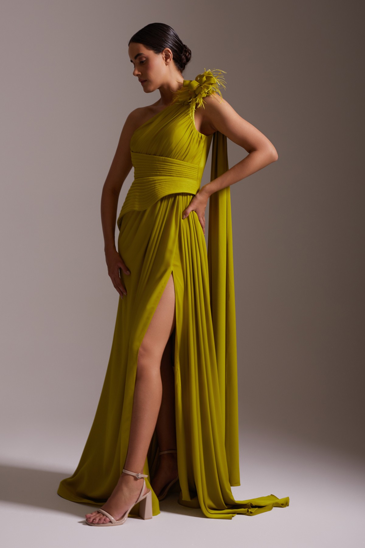 One Shoulder Floral Accessory Draped Slit Satin Evening Dress Olive Green