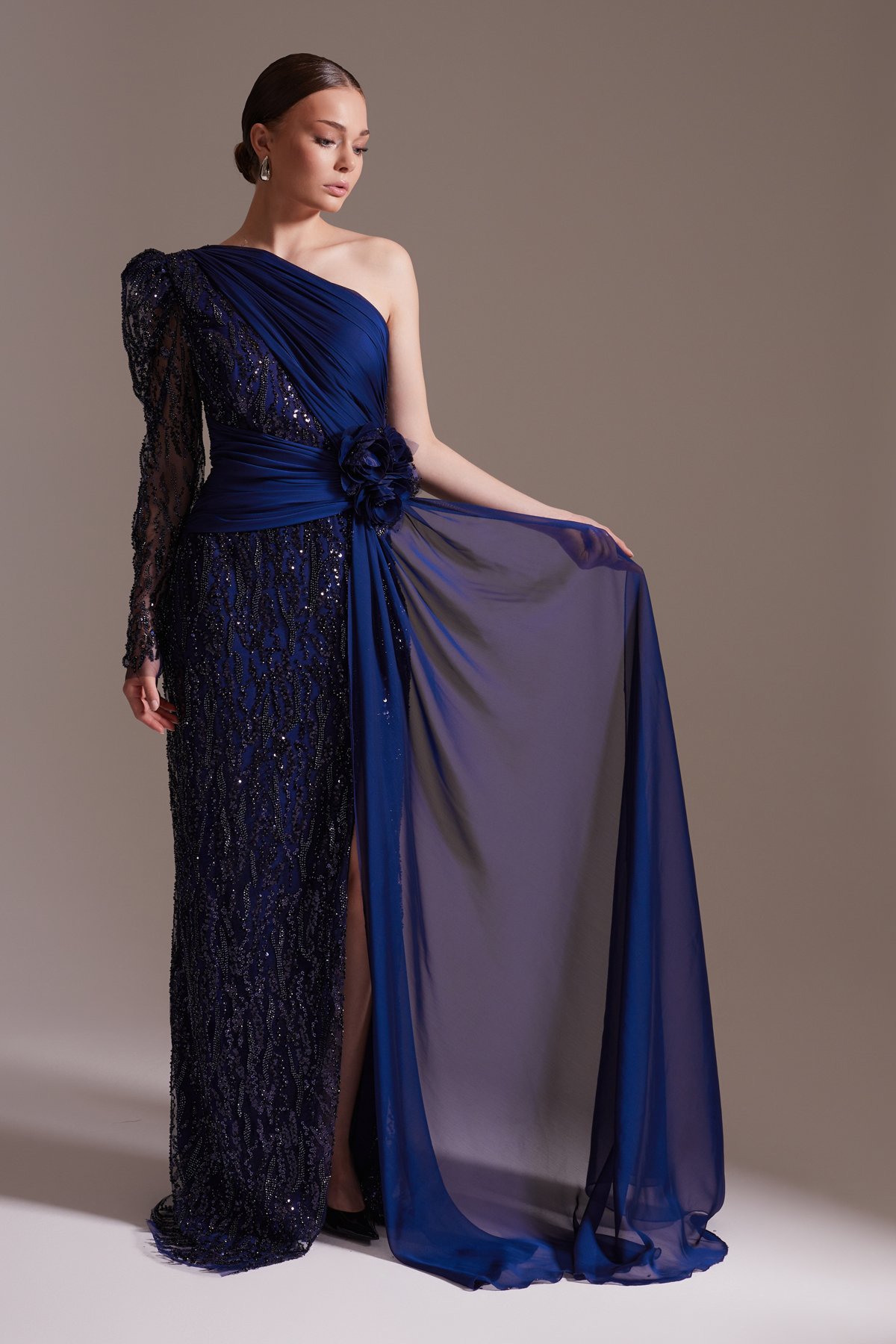 One Shoulder Floral Detailed Slit Chiffon and Sequin Evening Dress Navy Blue