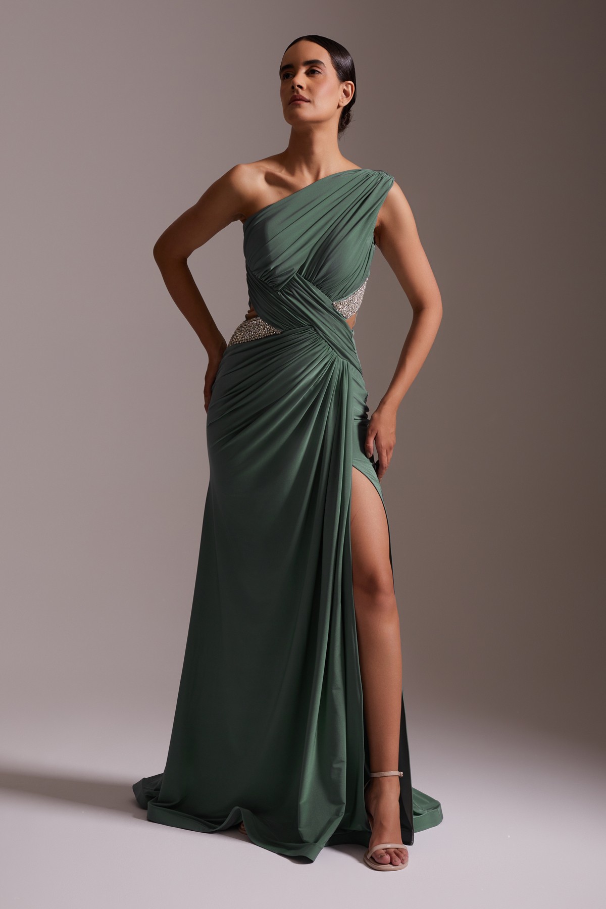 One Shoulder Slit Draped Stone Detailed Evening Dress Emerald Green
