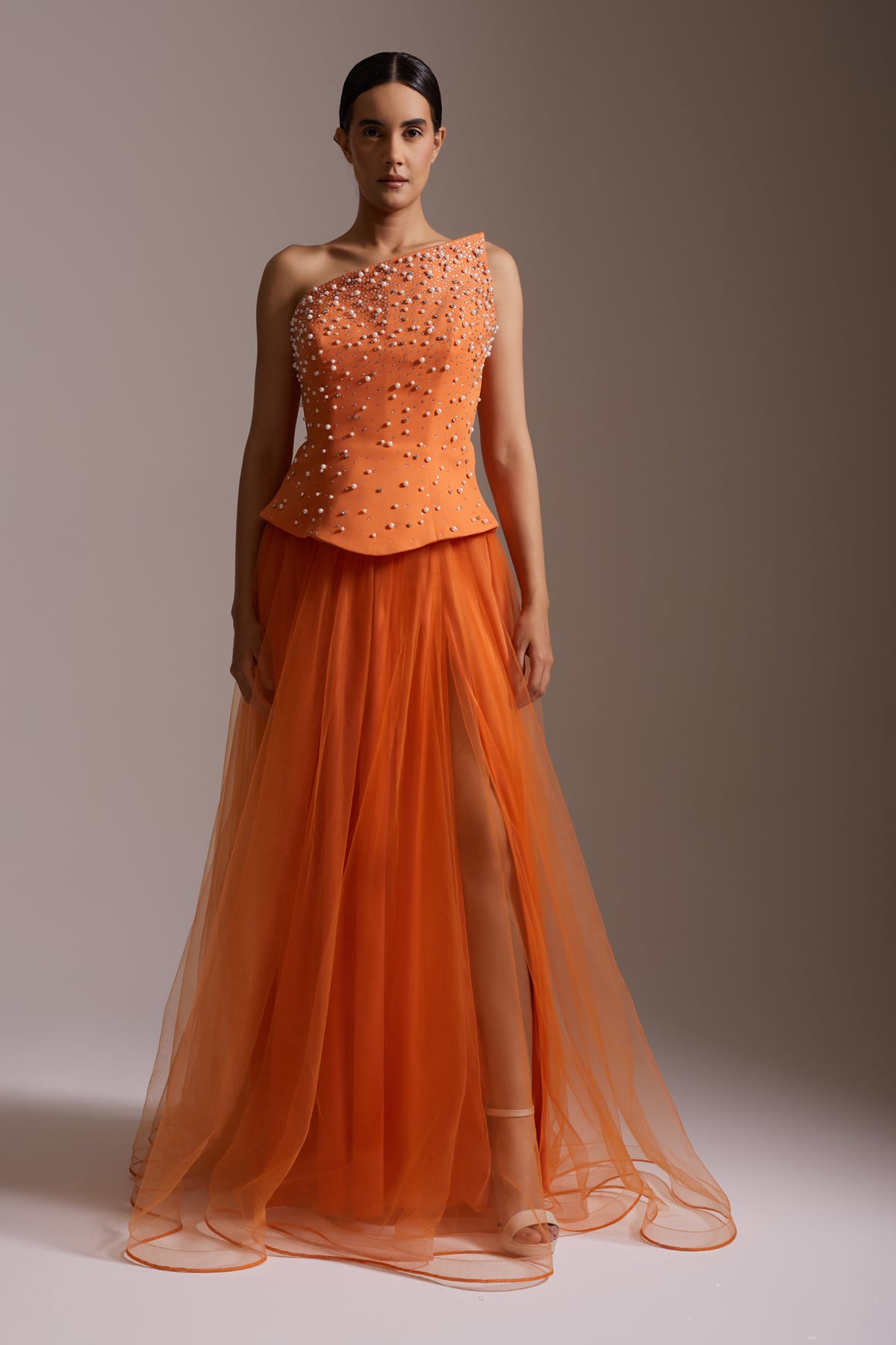 One Shoulder Pearl Stone Embroidered Tulle Skirt Slit Evening Dress Orange
