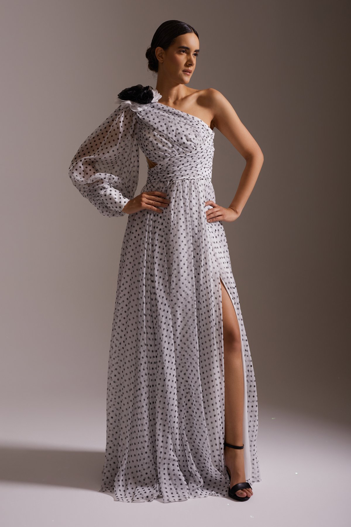 One Shoulder Black and White Polka Dot Slit Chiffon Evening Dress