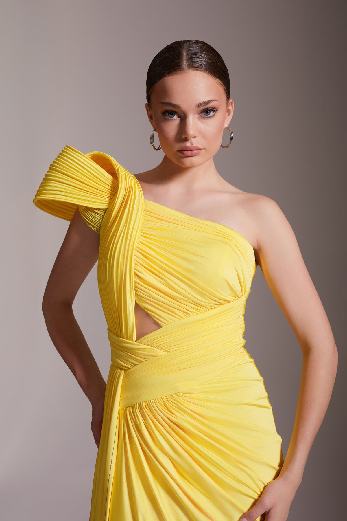 Shoulder Detailed Single Sleeve Draped Long Evening Dress Yellow Black