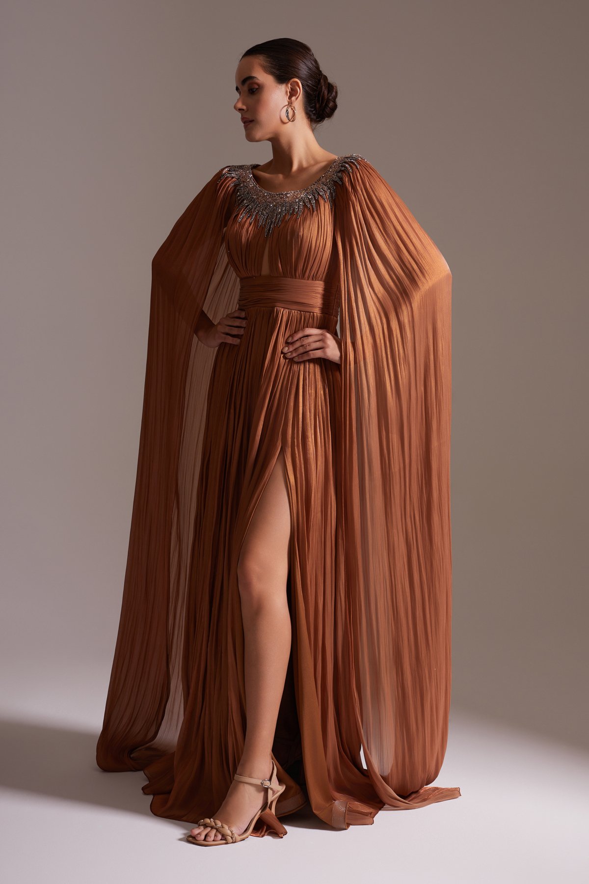 Stone Embroidered Cape Sleeve Slit Chiffon Evening Dress Copper Color