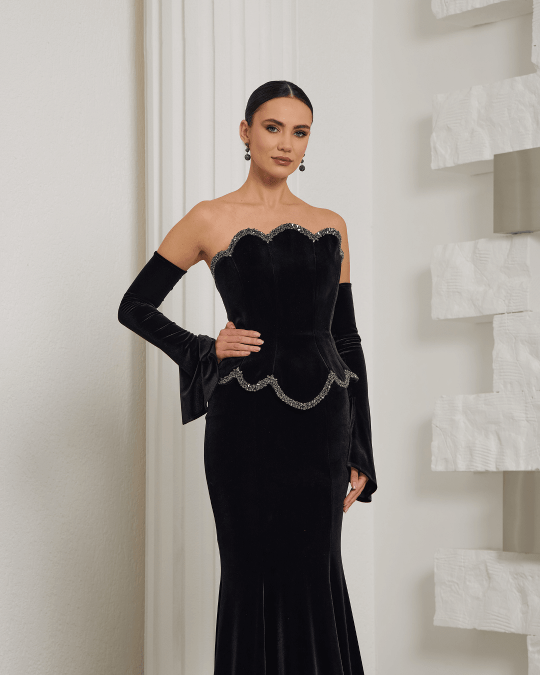Black Velvet Strapless Evening Dress
