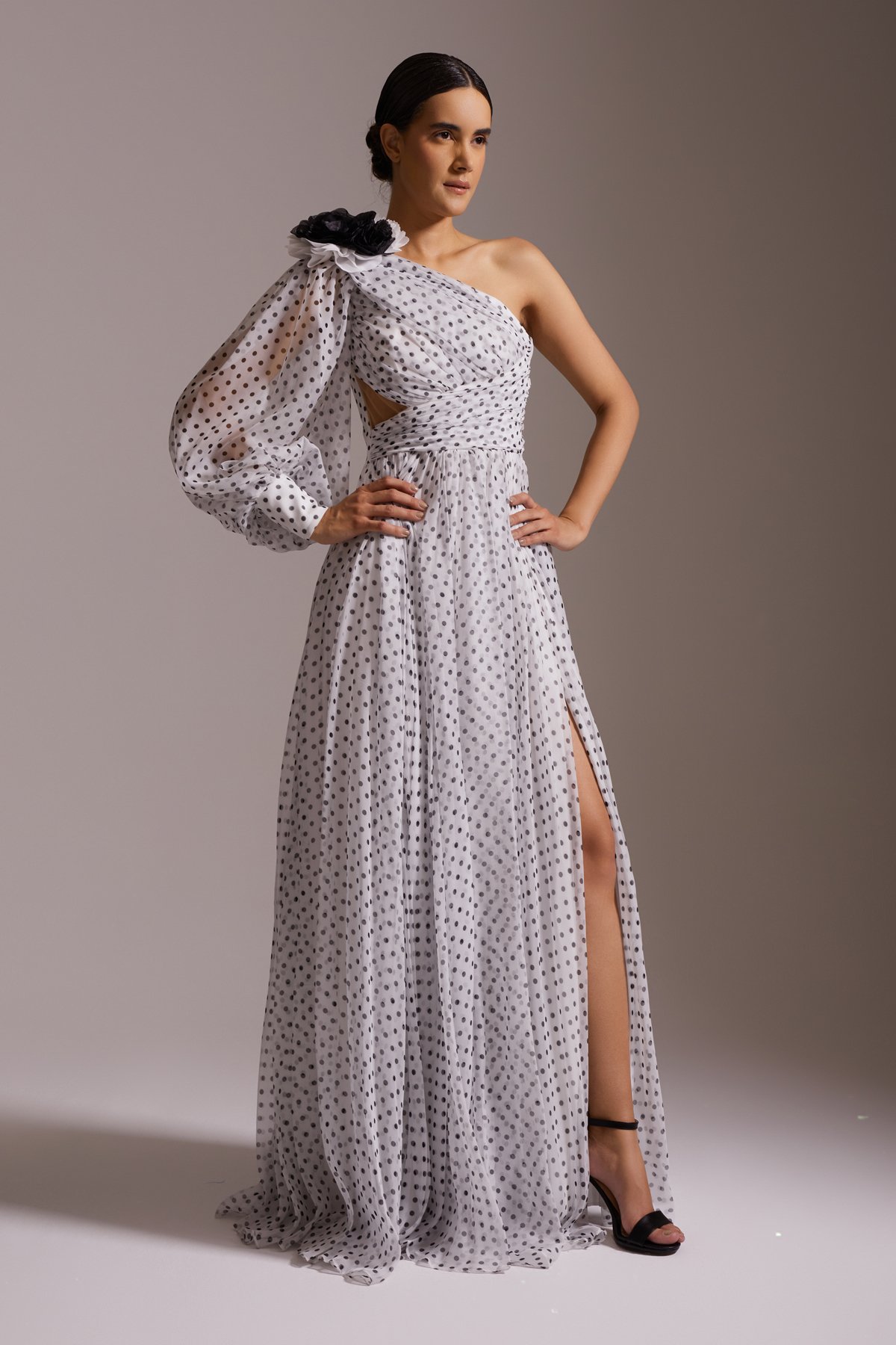 One Shoulder Black and White Polka Dot Slit Chiffon Evening Dress