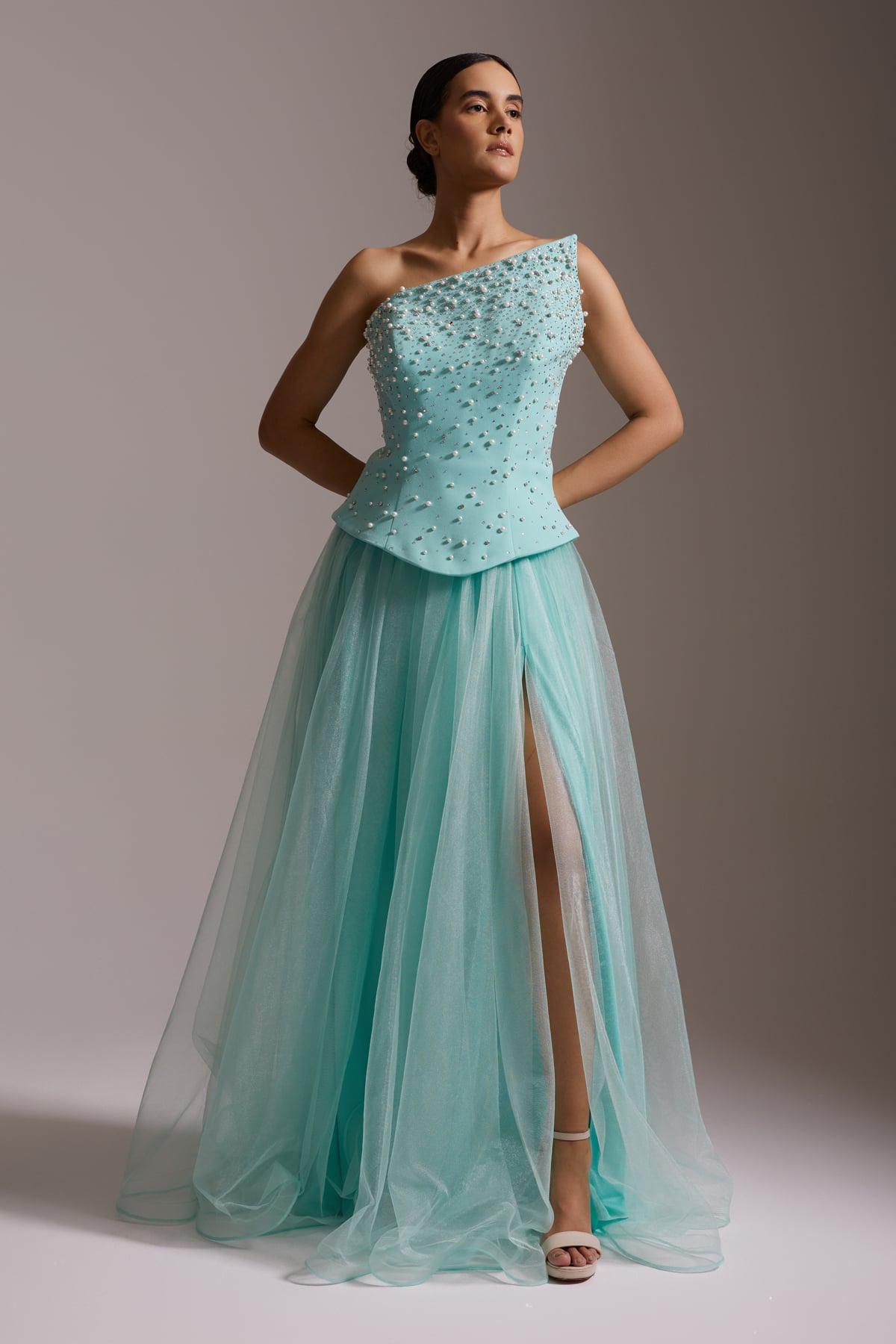 One-Shoulder Pearl Tulle Evening Dress with Slit in Aqua Green