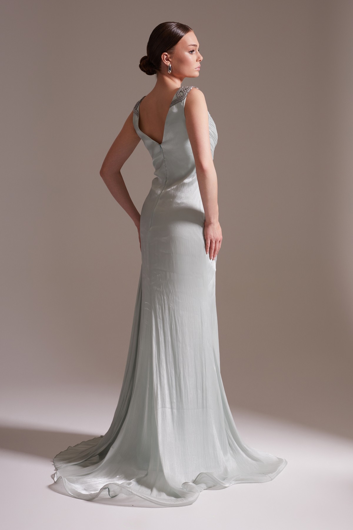 Sparkly Stone Embroidered Straped Slit Evening Dress in Aqua Green