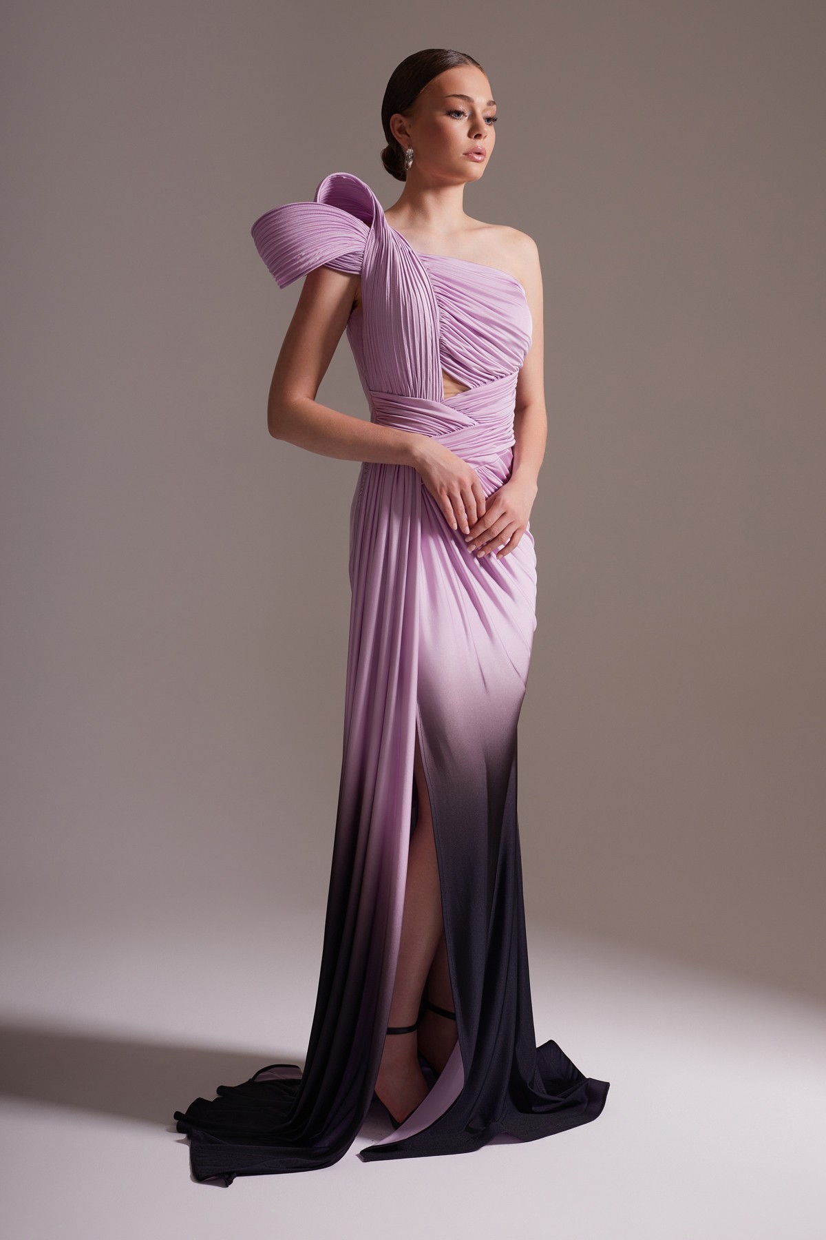 One Shoulder Draped Satin Evening Dress with Slit and Bow Detail Purple – Black