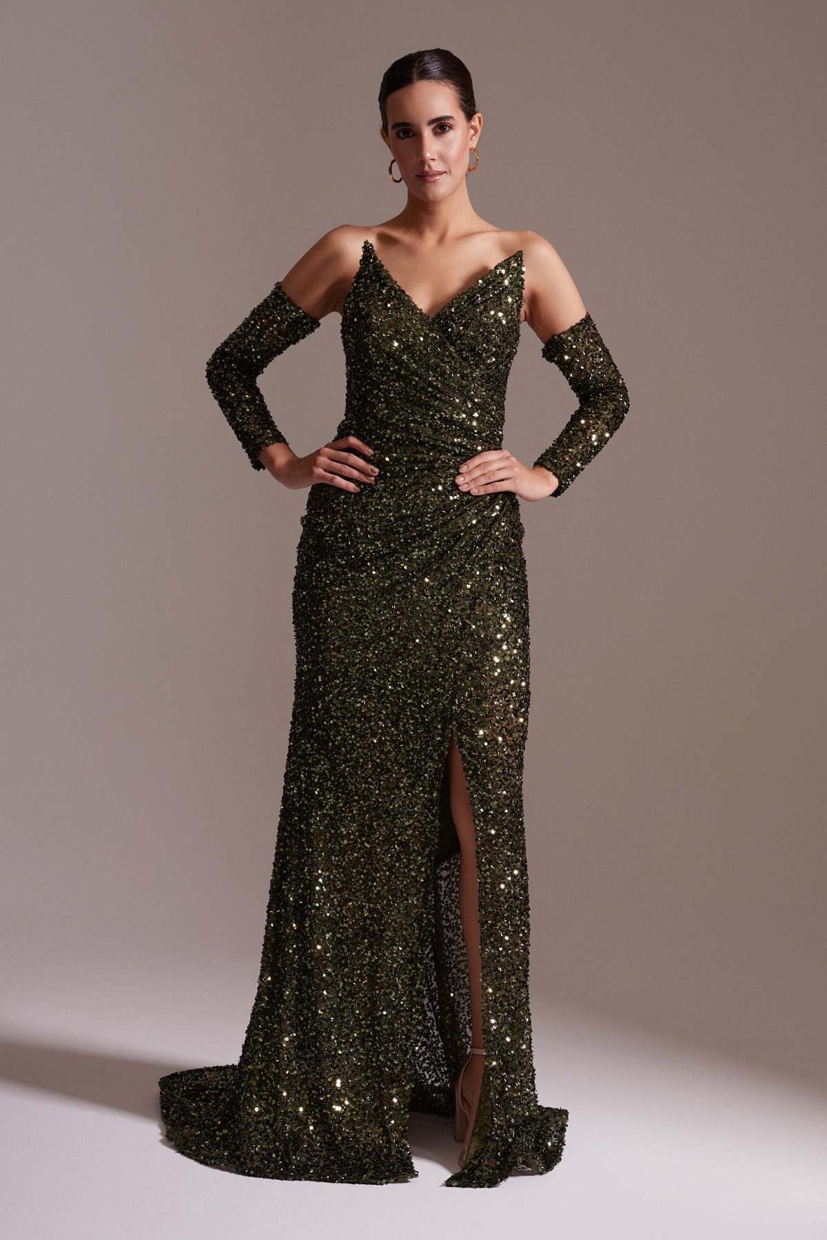 One Shoulder Detailed Sequined Slit Long Evening Dress Green