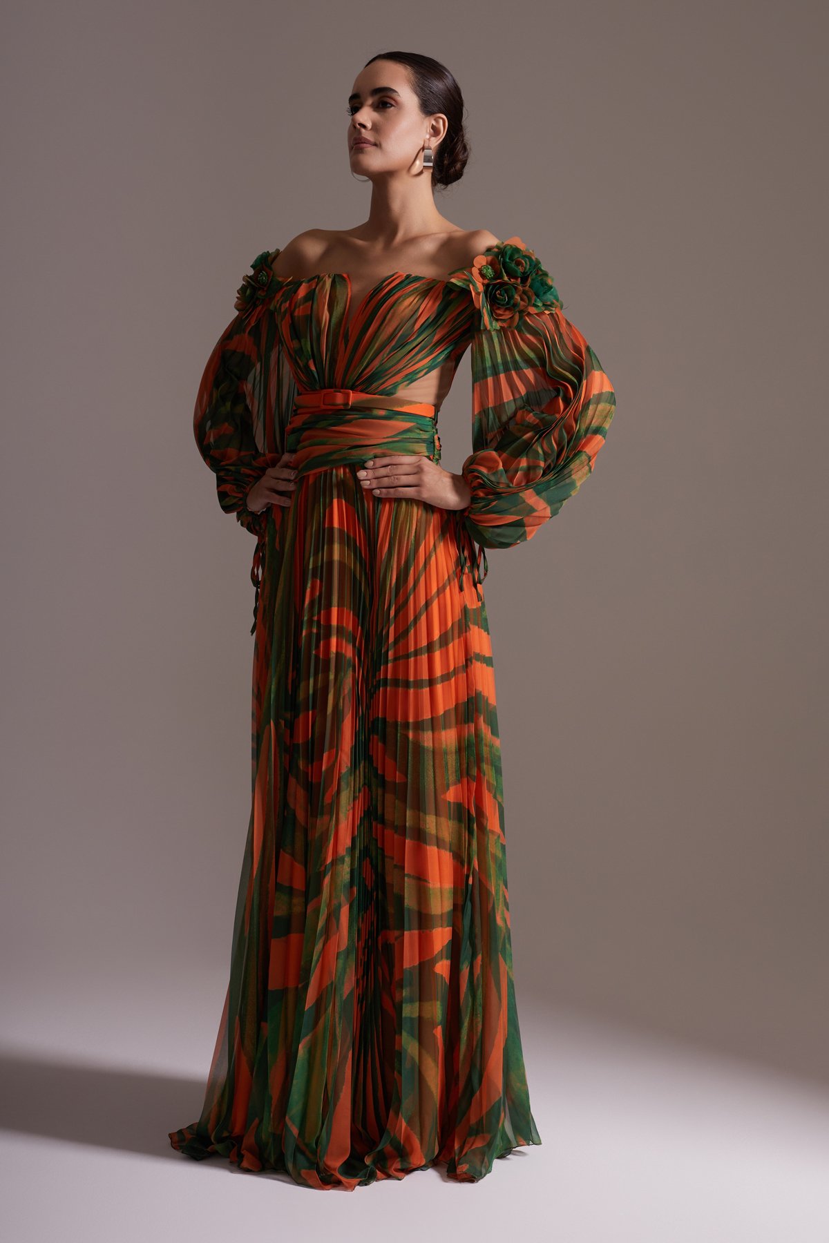Patterned Chiffon Off-the-Shoulder Long Evening Dress Green - Orange