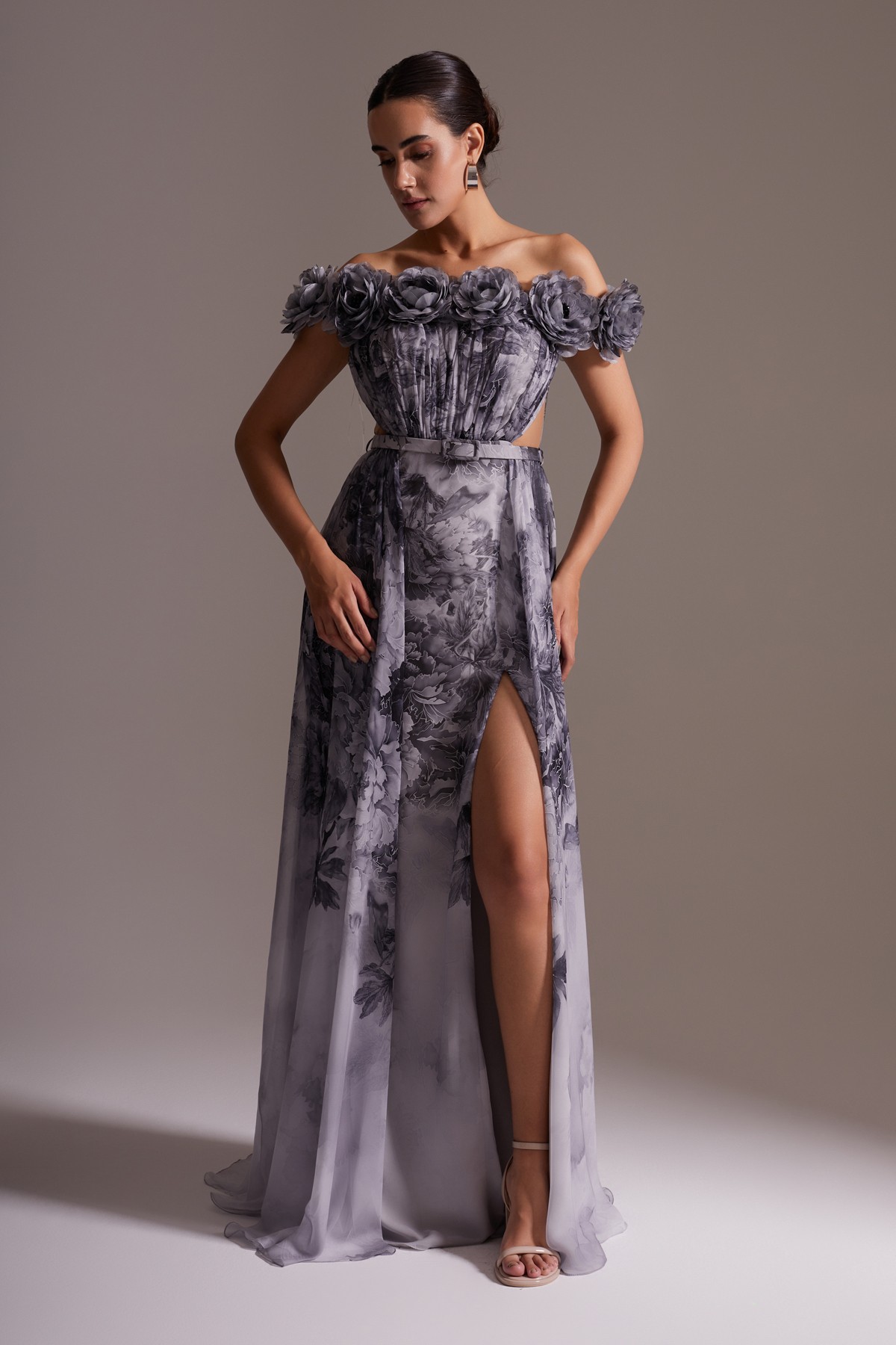 Off-the-Shoulder Flower Detailed Slit Chiffon Evening Dress Gray