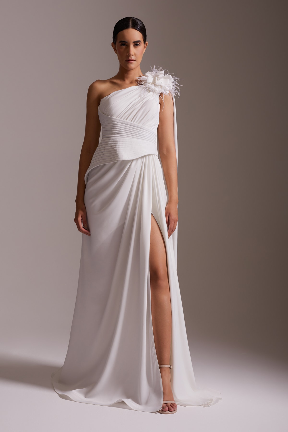 One Shoulder Flower and Feather Detailed Slit Chiffon Evening Dress White