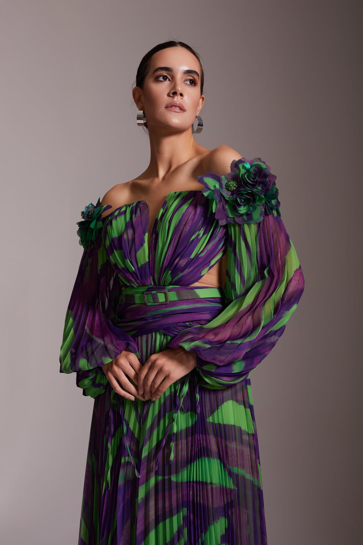 Patterned Shoulder Flower Detail and Pleated Balloon Sleeve Long Chiffon Evening Dress Purple Green