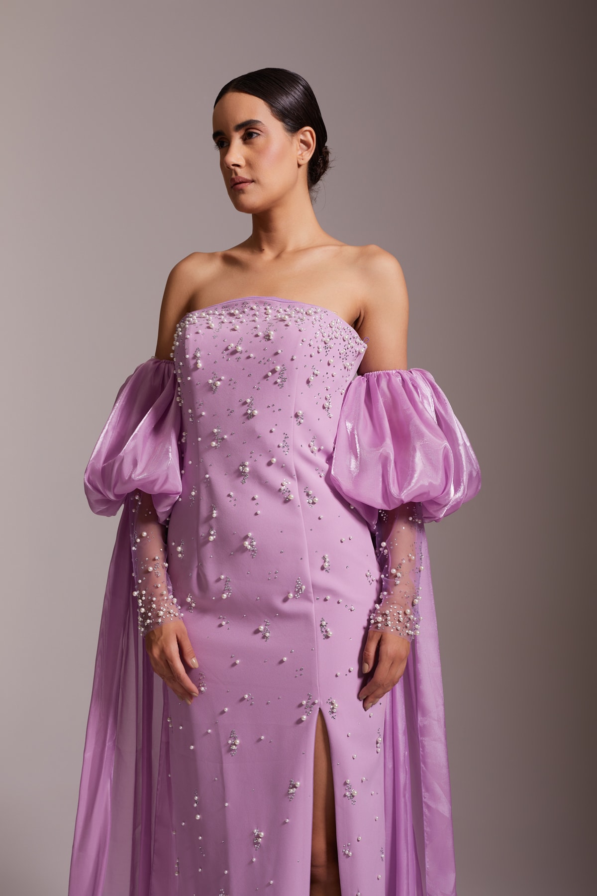 Stone Embroidered Strapless Slit Evening Dress Lilac