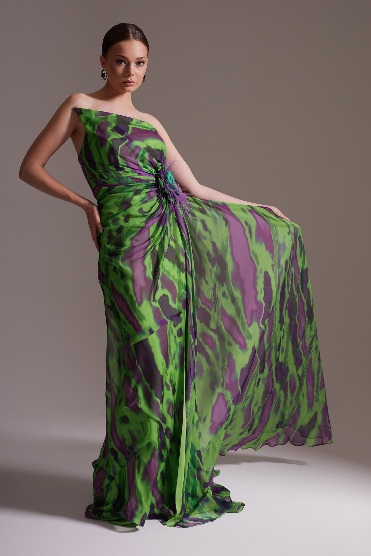 Patterned One Shoulder Flower Detailed Chiffon Evening Dress Green Purple