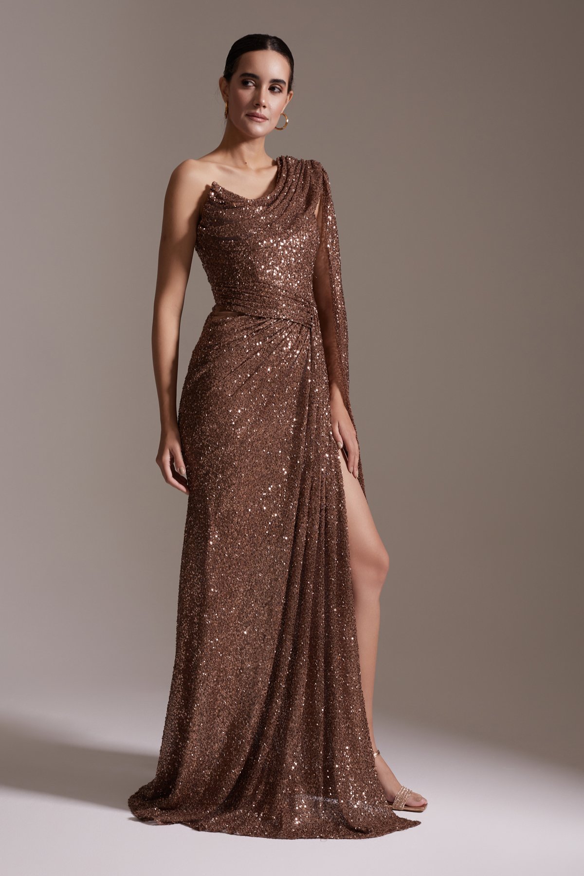 Glittery One Shoulder Slit Long Evening Dress Brown