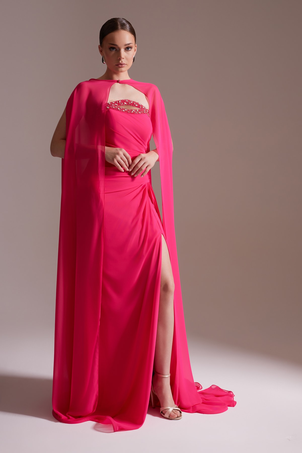 Cape-Shaped Stone Detailed Slit Chiffon Evening Dress Fuchsia