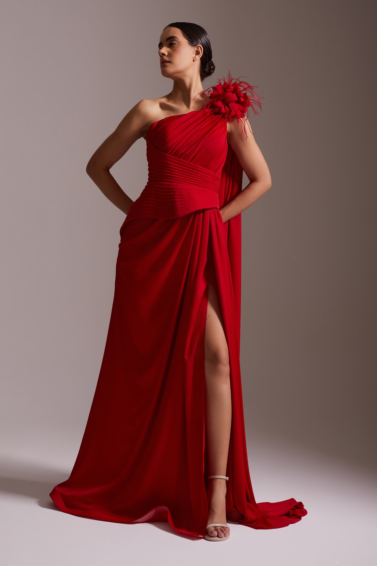 One Shoulder Floral Detailed Slit Chiffon Evening Dress Red