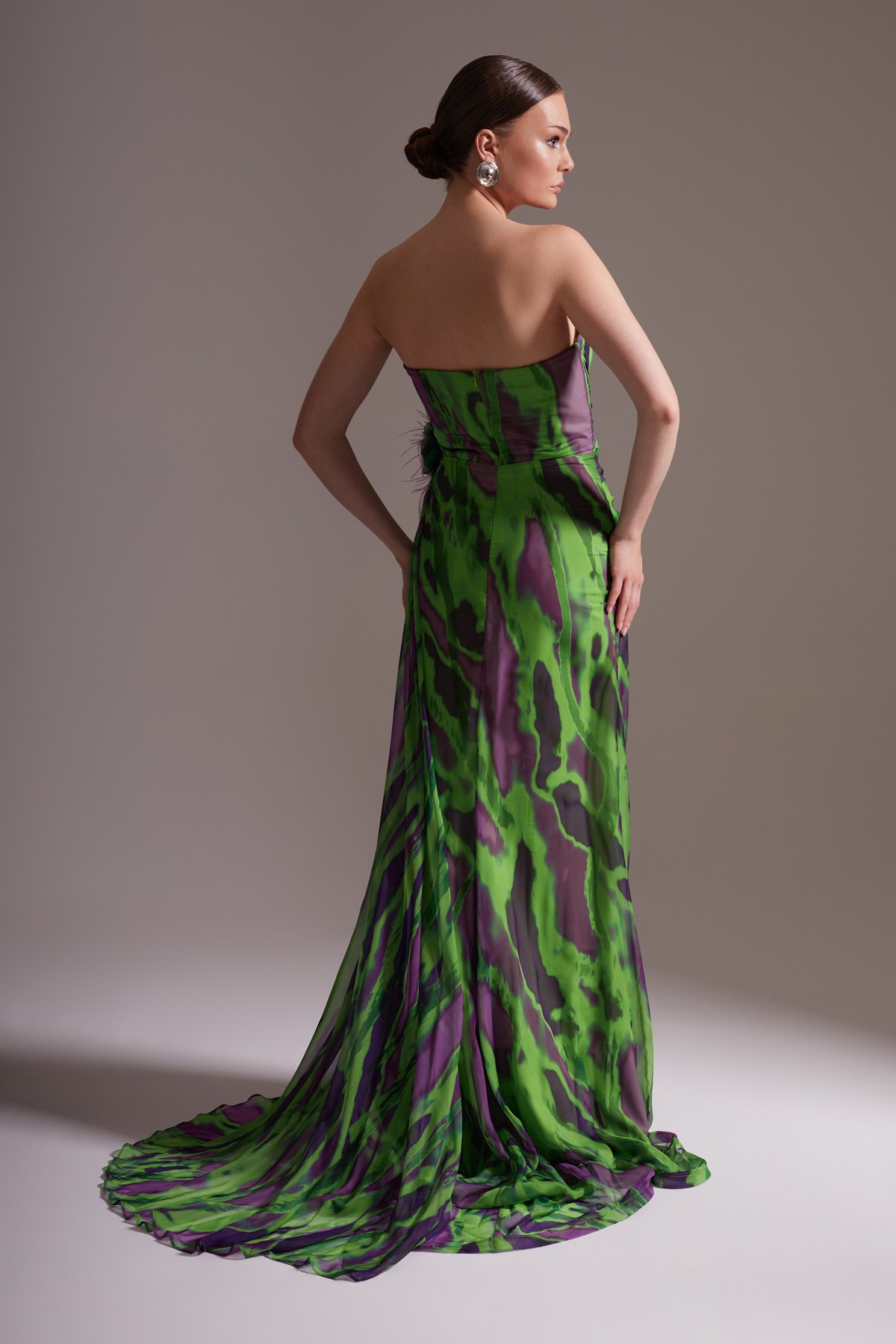Patterned One Shoulder Flower Detailed Chiffon Evening Dress Green Purple