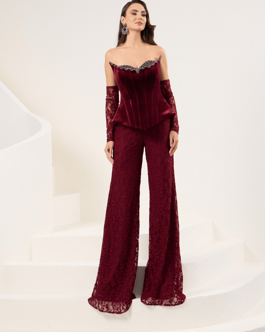 Burgundy Velvet Strapless Jumpsuit With Lace Details