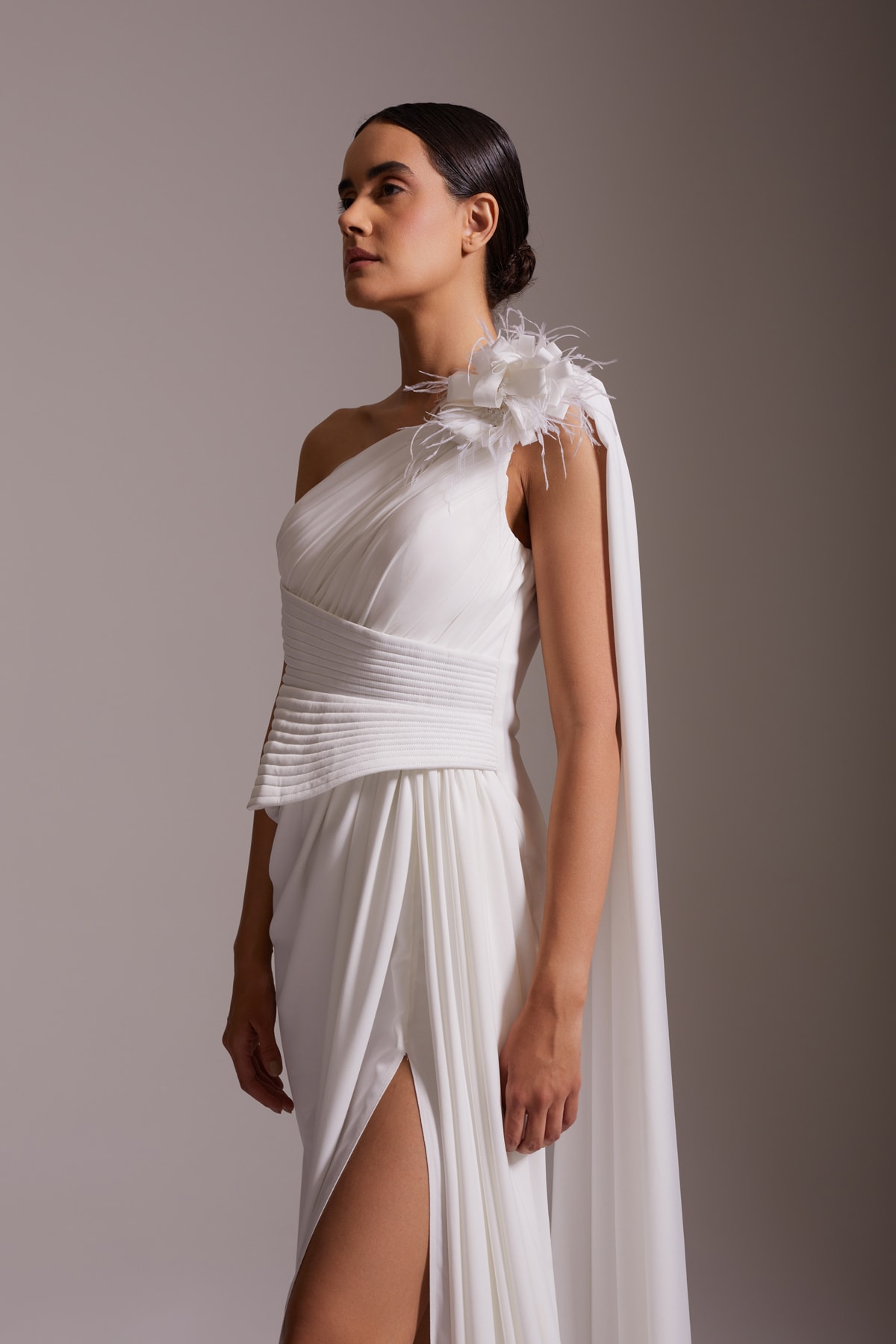One Shoulder Flower and Feather Detailed Slit Chiffon Evening Dress White