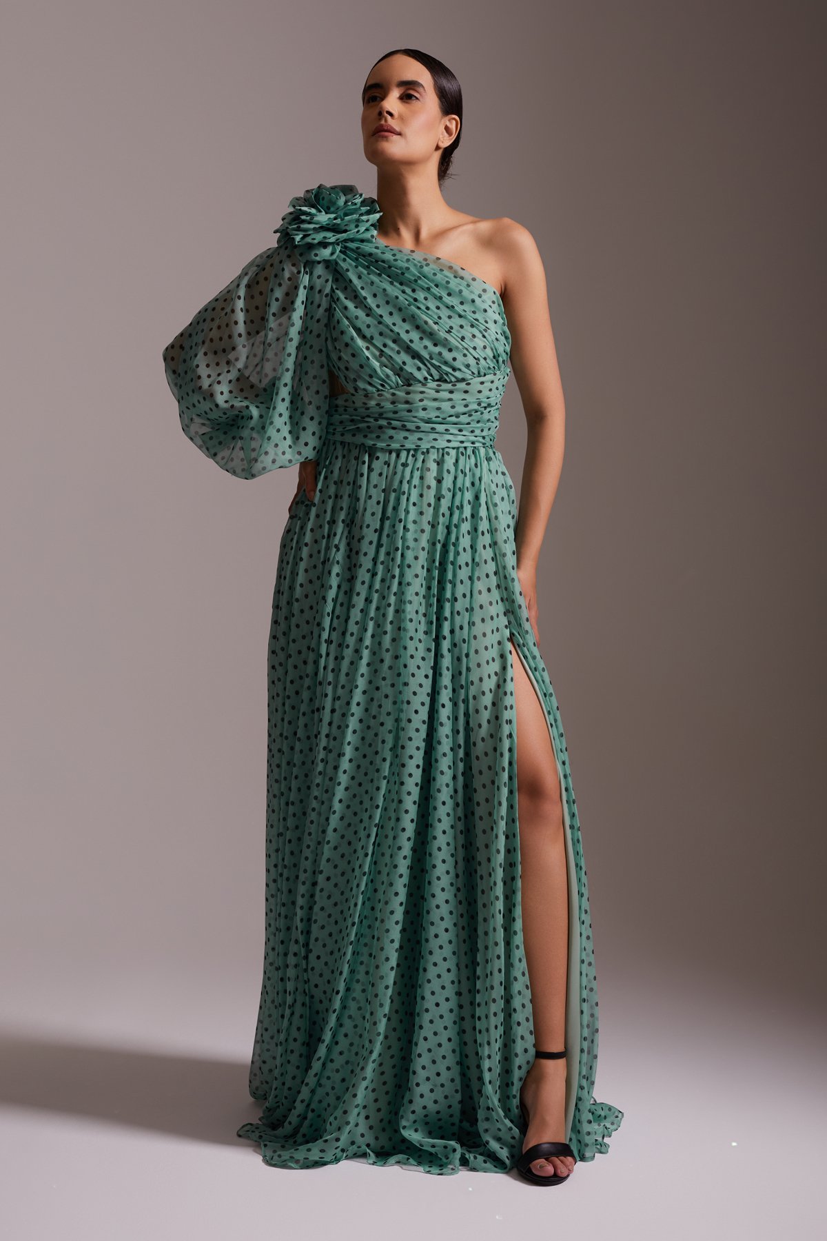 One Shoulder Flounce Detailed Slit Chiffon Polka Dot Evening Dress Green