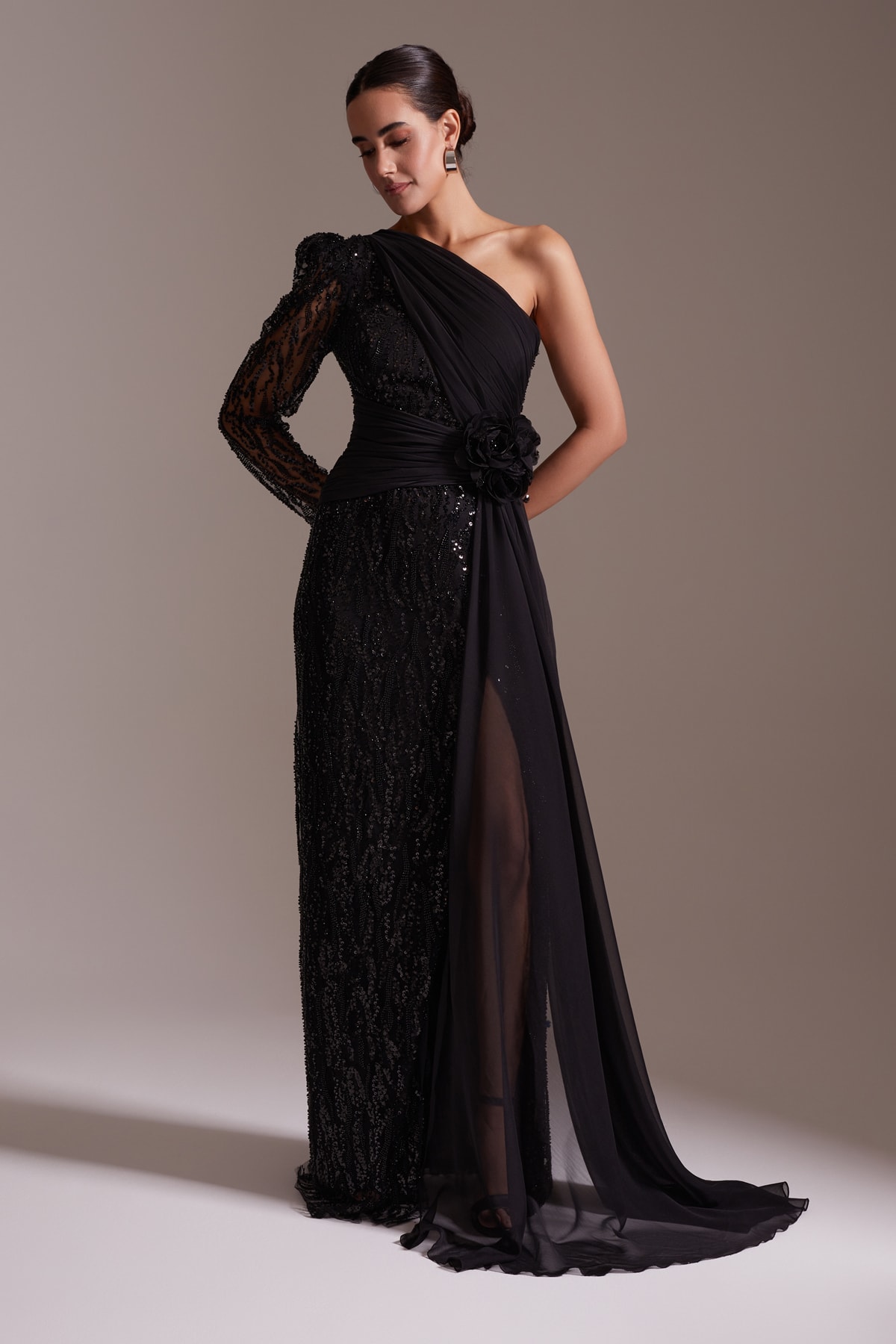 One Shoulder Sequined Tulle Detailed Floral Accessory Slit Evening Dress Black