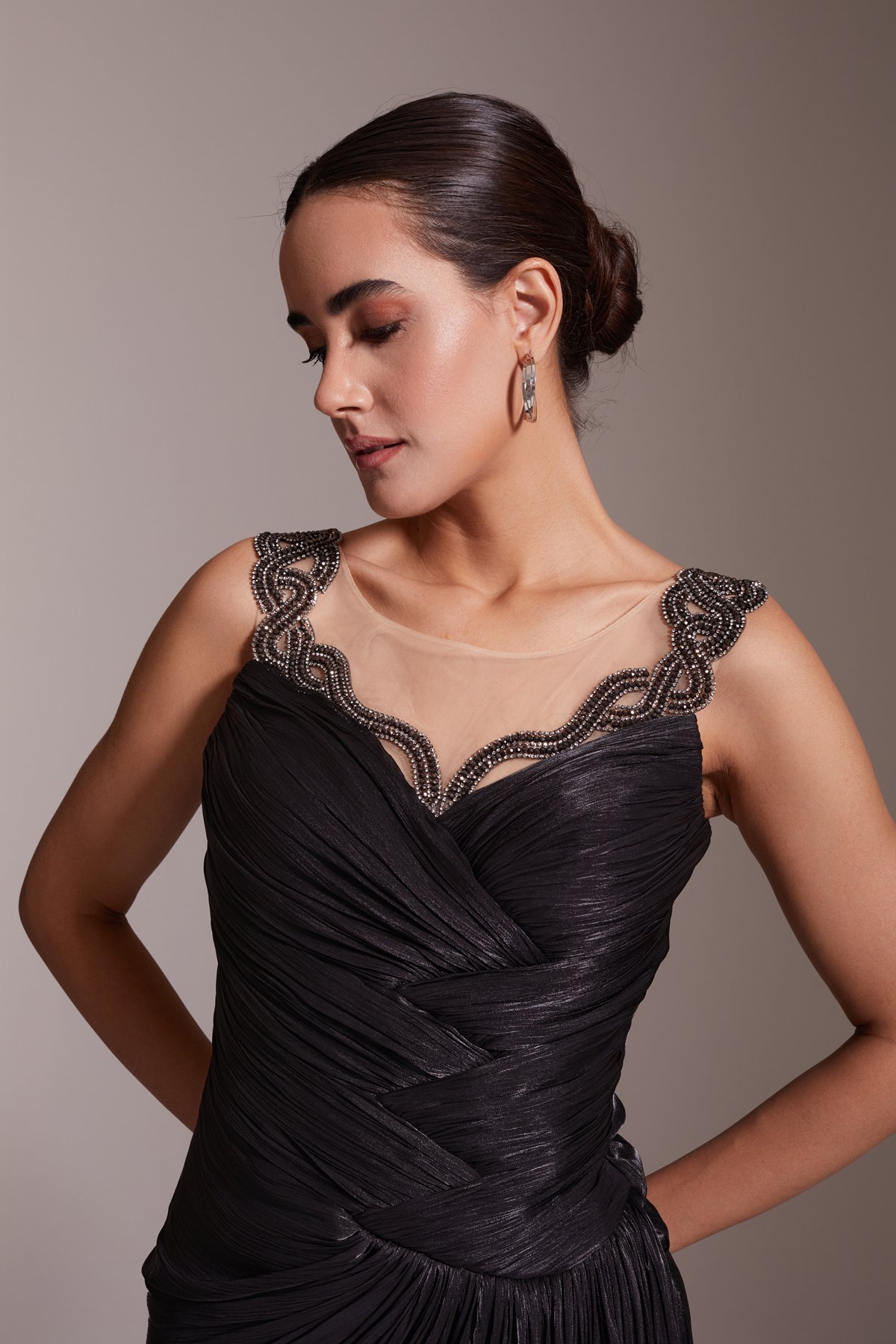 Slit Stone Embroidered Strap Draped Satin Evening Dress Black