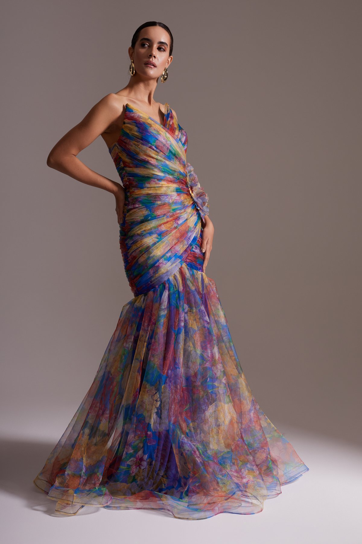Colorful Floral Patterned Satin Tulle Detailed Strapless Draped Long Evening Dress