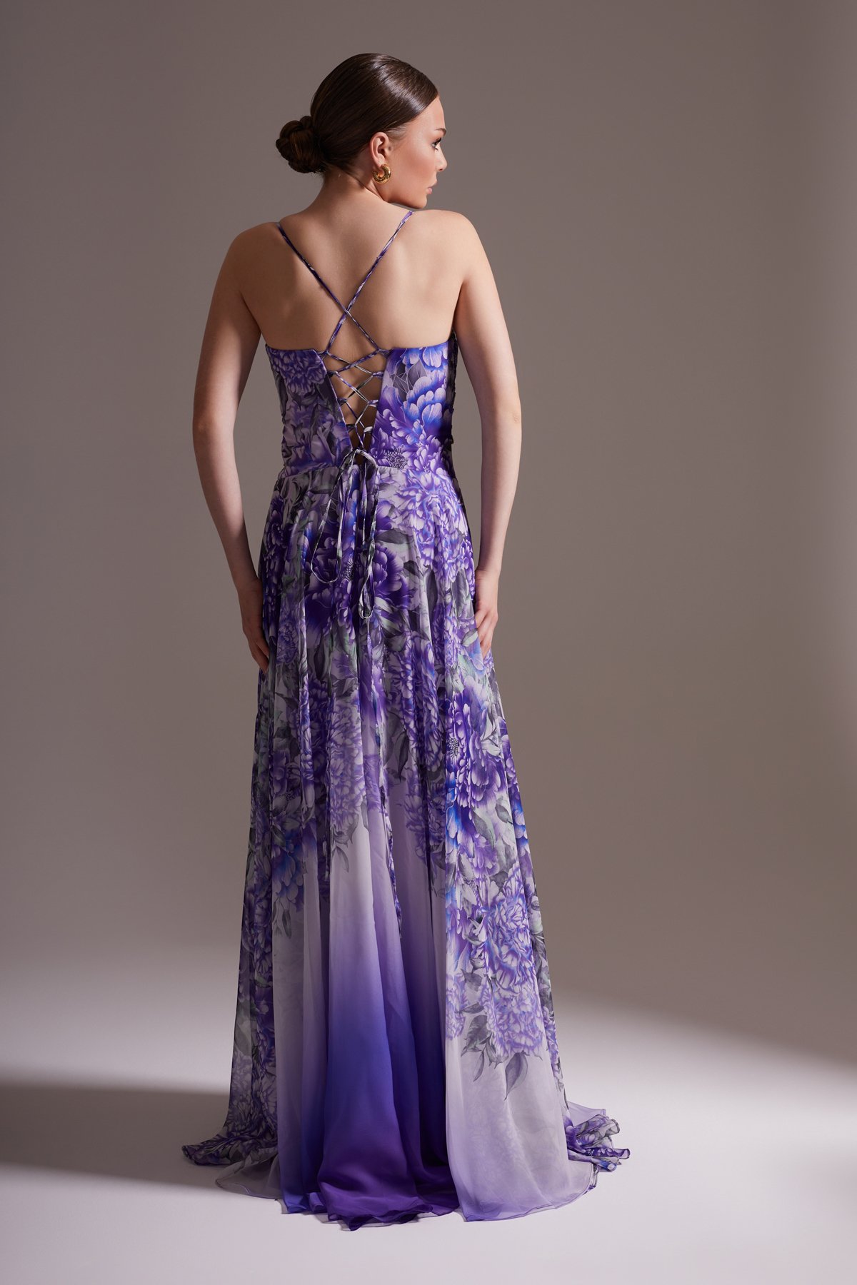 Floral Patterned Chiffon V-Neck Thin Straps Stone Embroidered and Slit Long Evening Dress Purple