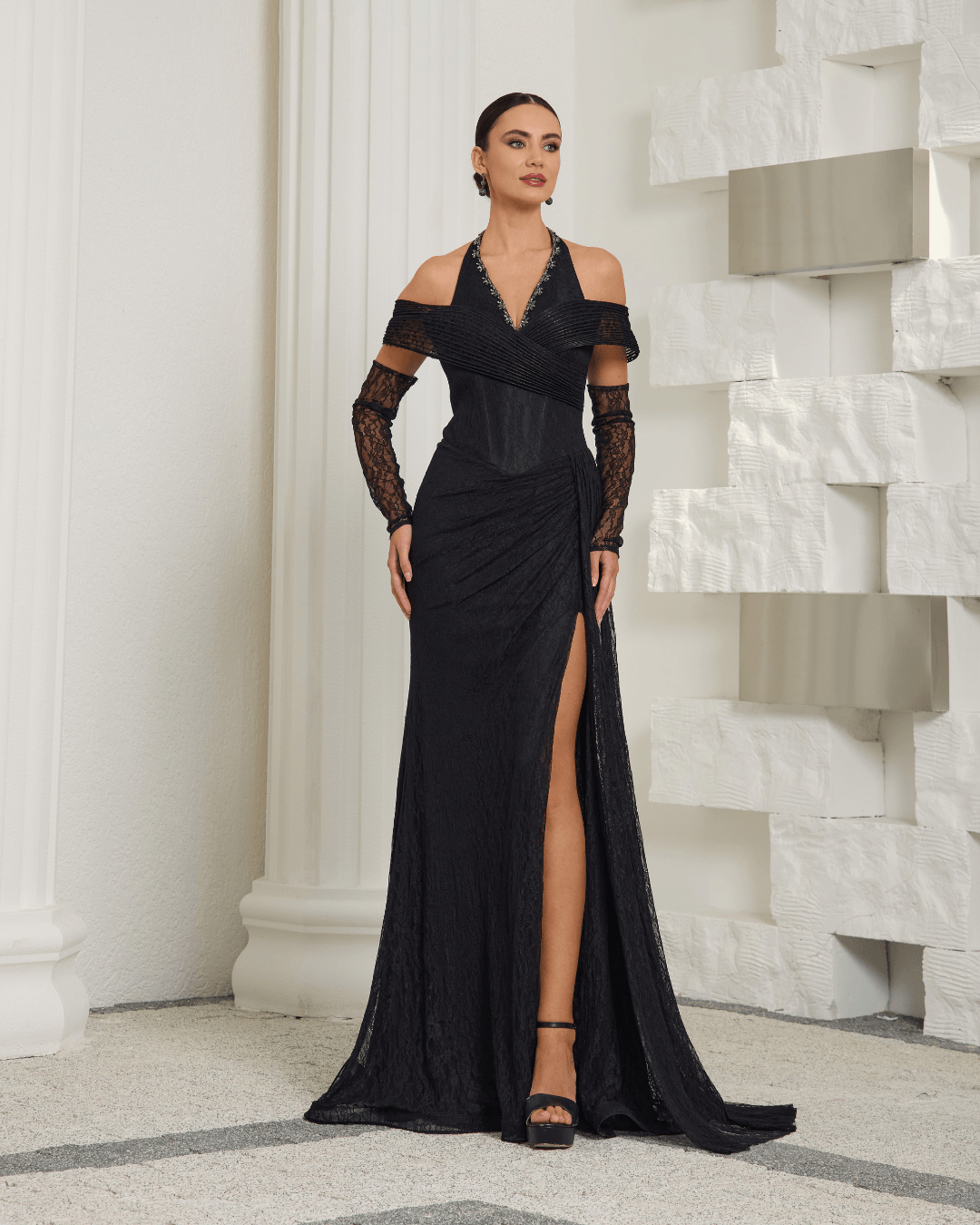 Black Lace Halter Neck Evening Dress