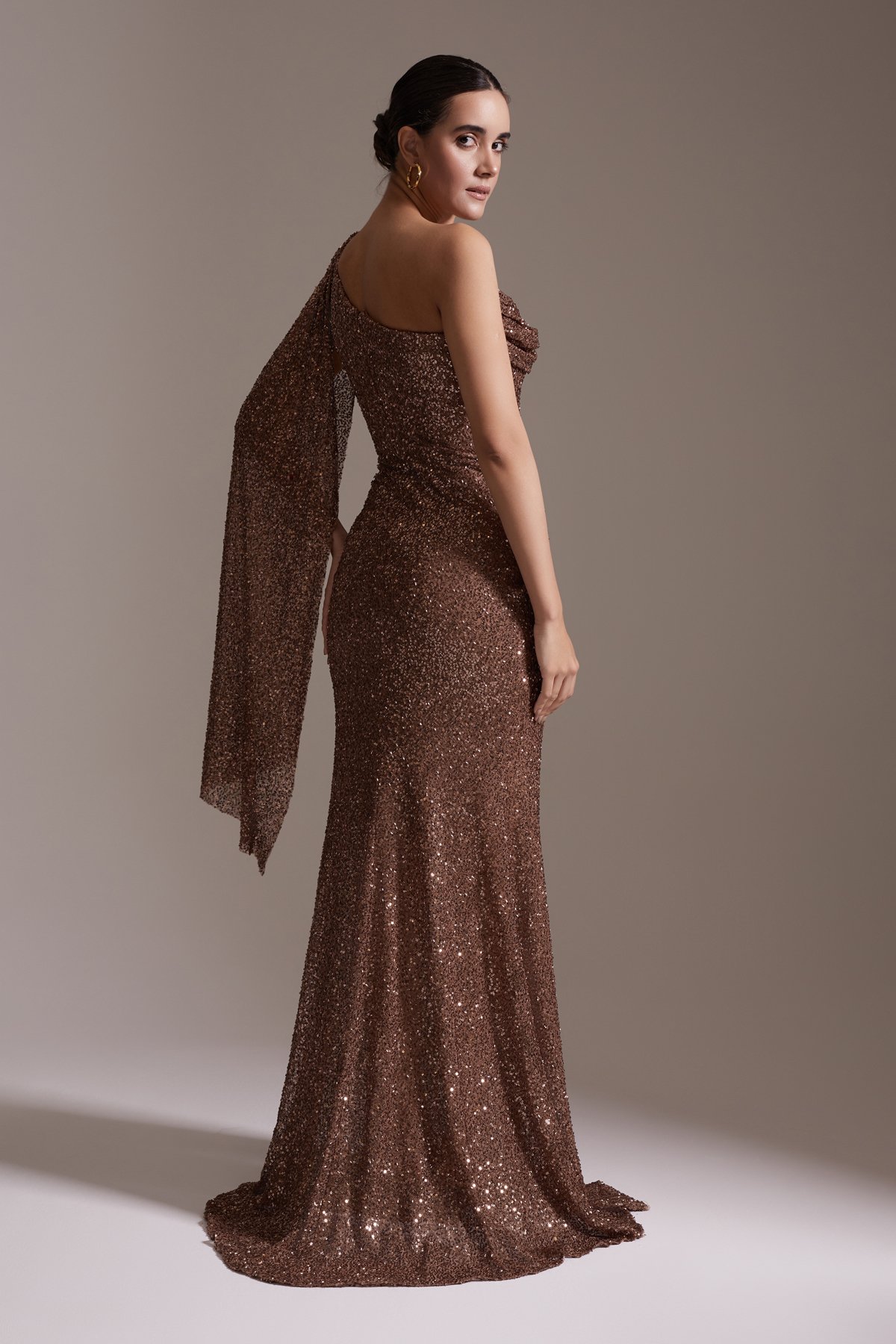 Glittery One Shoulder Slit Long Evening Dress Brown