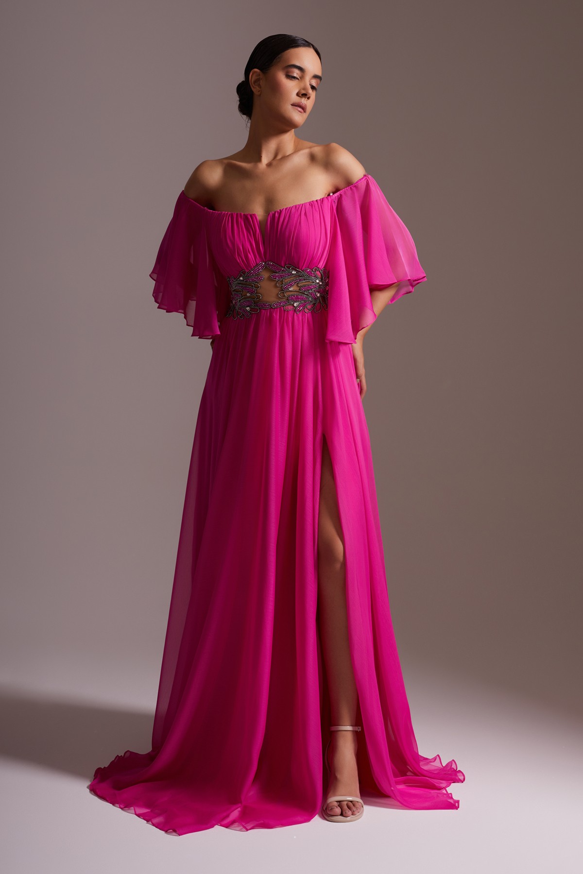 Off-the-Shoulder, Stone Embroidered, Slit and Belt Detailed Chiffon Evening Dress Fuchsia
