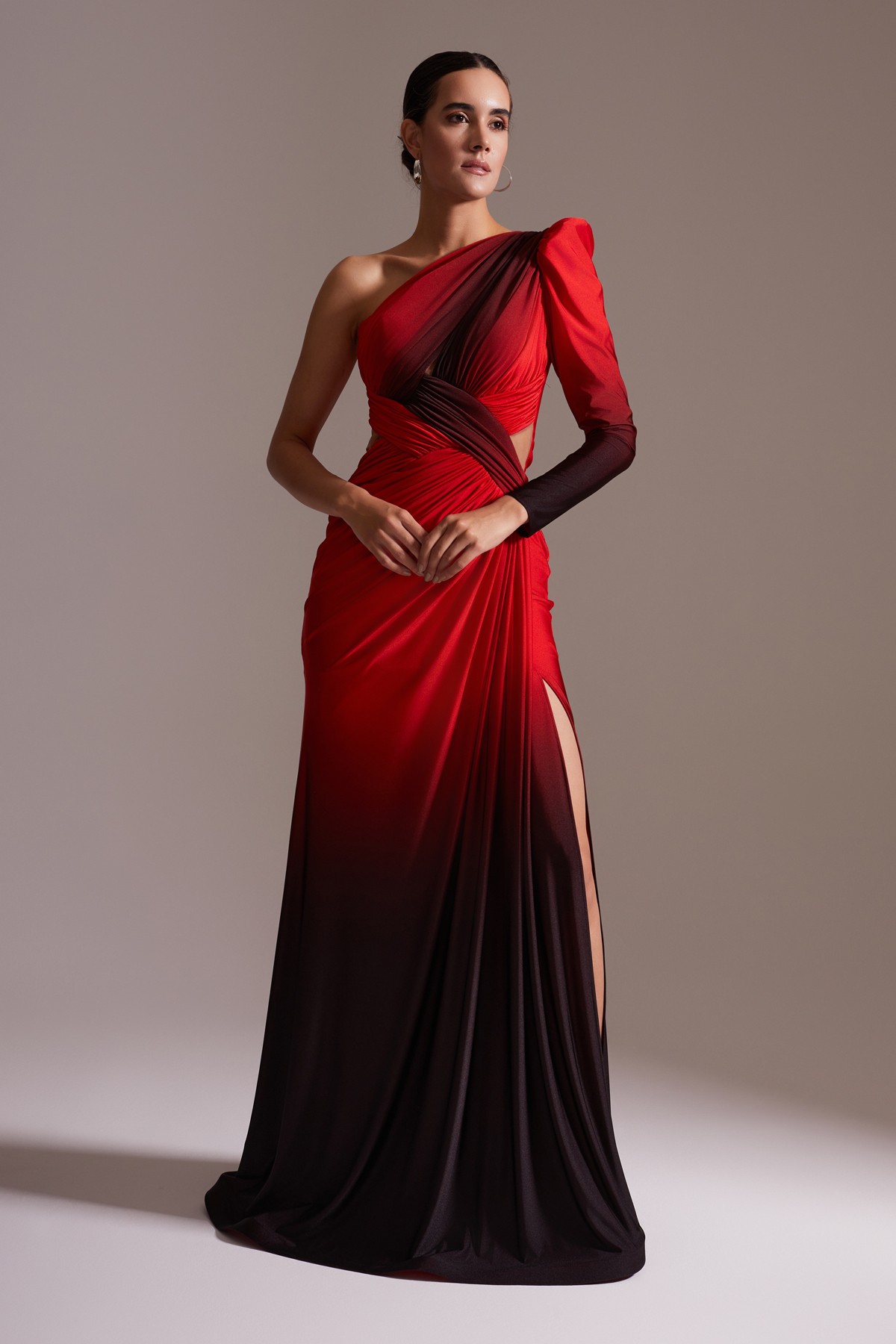 One Shoulder Long Slit Draped Evening Dress Red Black Transitional