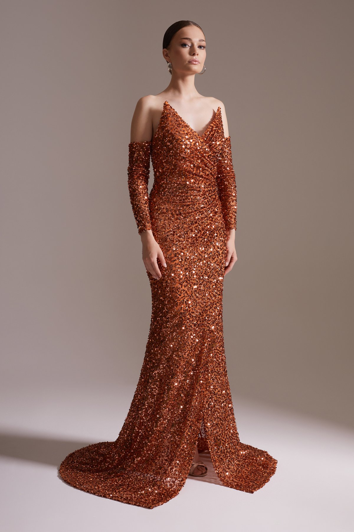 Off-the-Shoulder, Slit and Long Sleeve Evening Dress in Copper Color