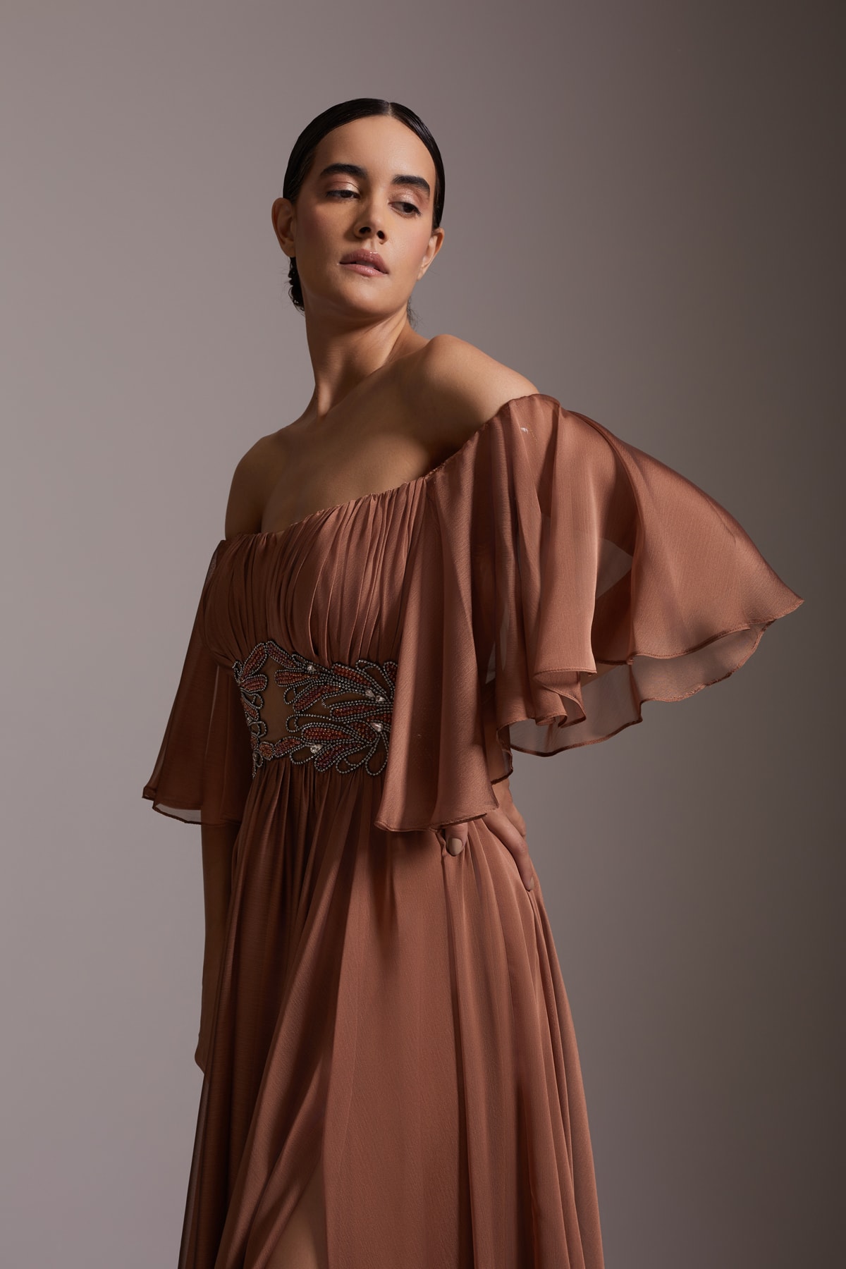 Stone Embroidered Waist Detailed Slit Chiffon Evening Dress Brown