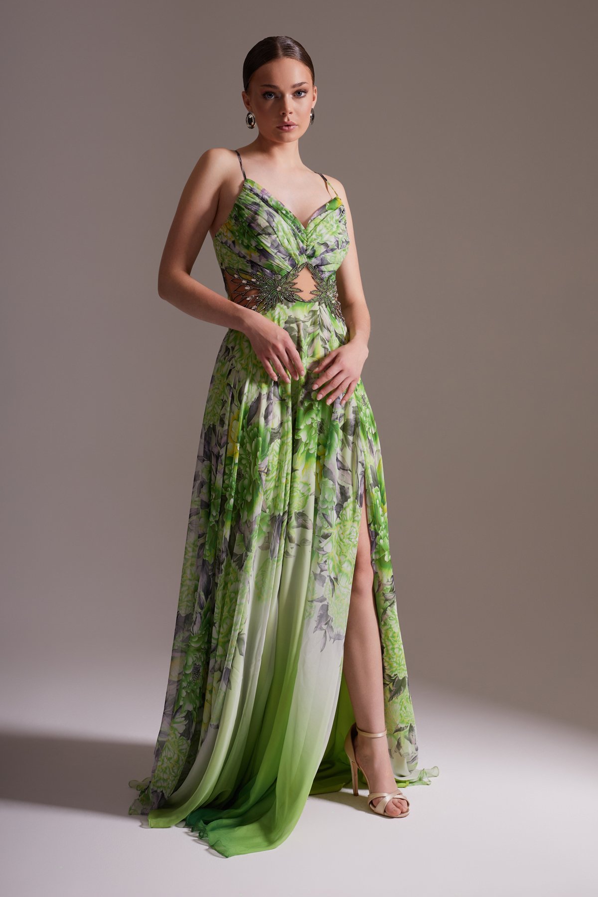 Floral Patterned Slit V-Neck Thin Strap Stone Detailed Chiffon Evening Dress Green
