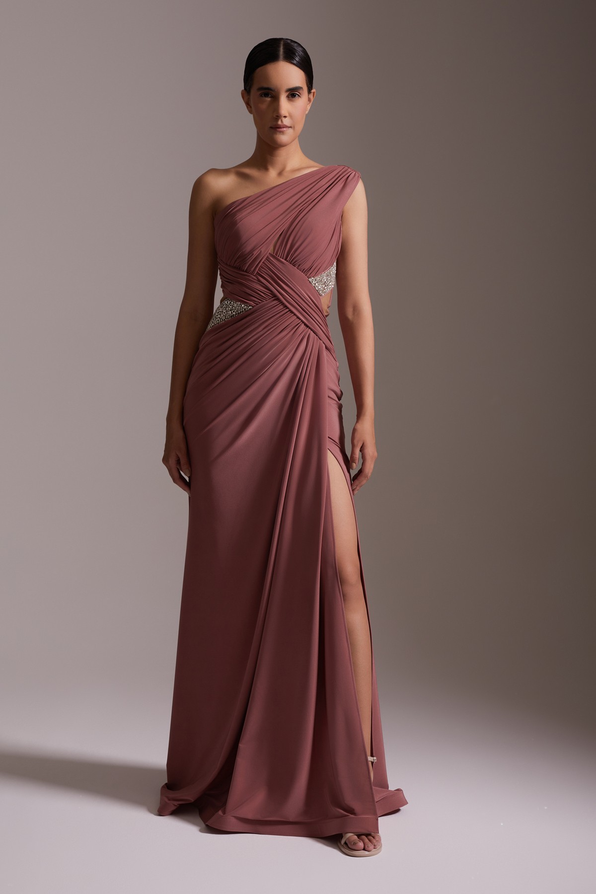 One-Shoulder Pleated Satin Evening Dress with Slit and Stone Detail in Wine Color