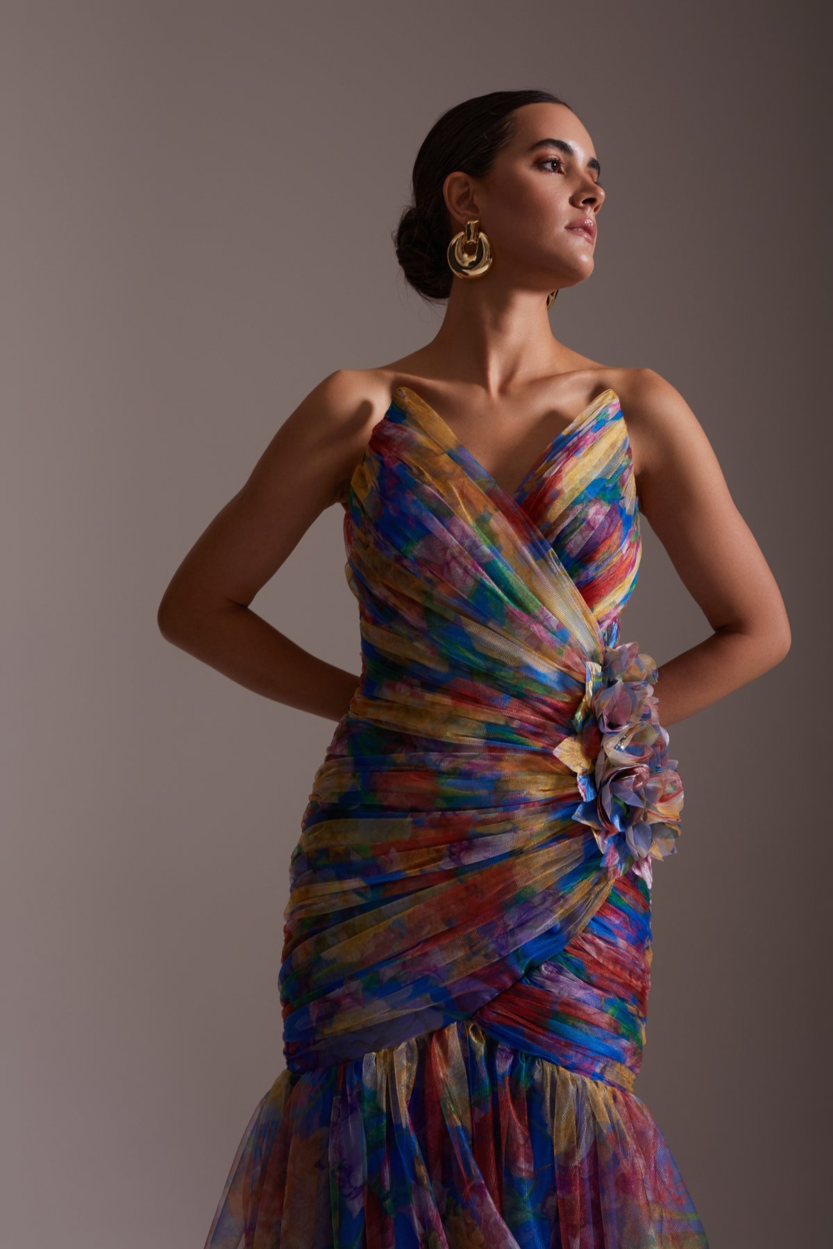 Colorful Floral Patterned Satin Tulle Detailed Strapless Draped Long Evening Dress
