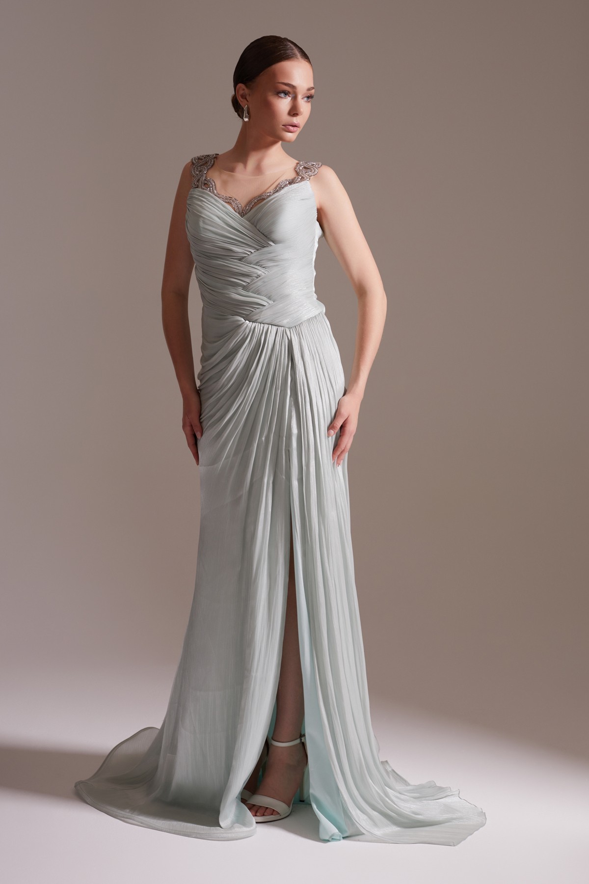 Sparkly Stone Embroidered Straped Slit Evening Dress in Aqua Green