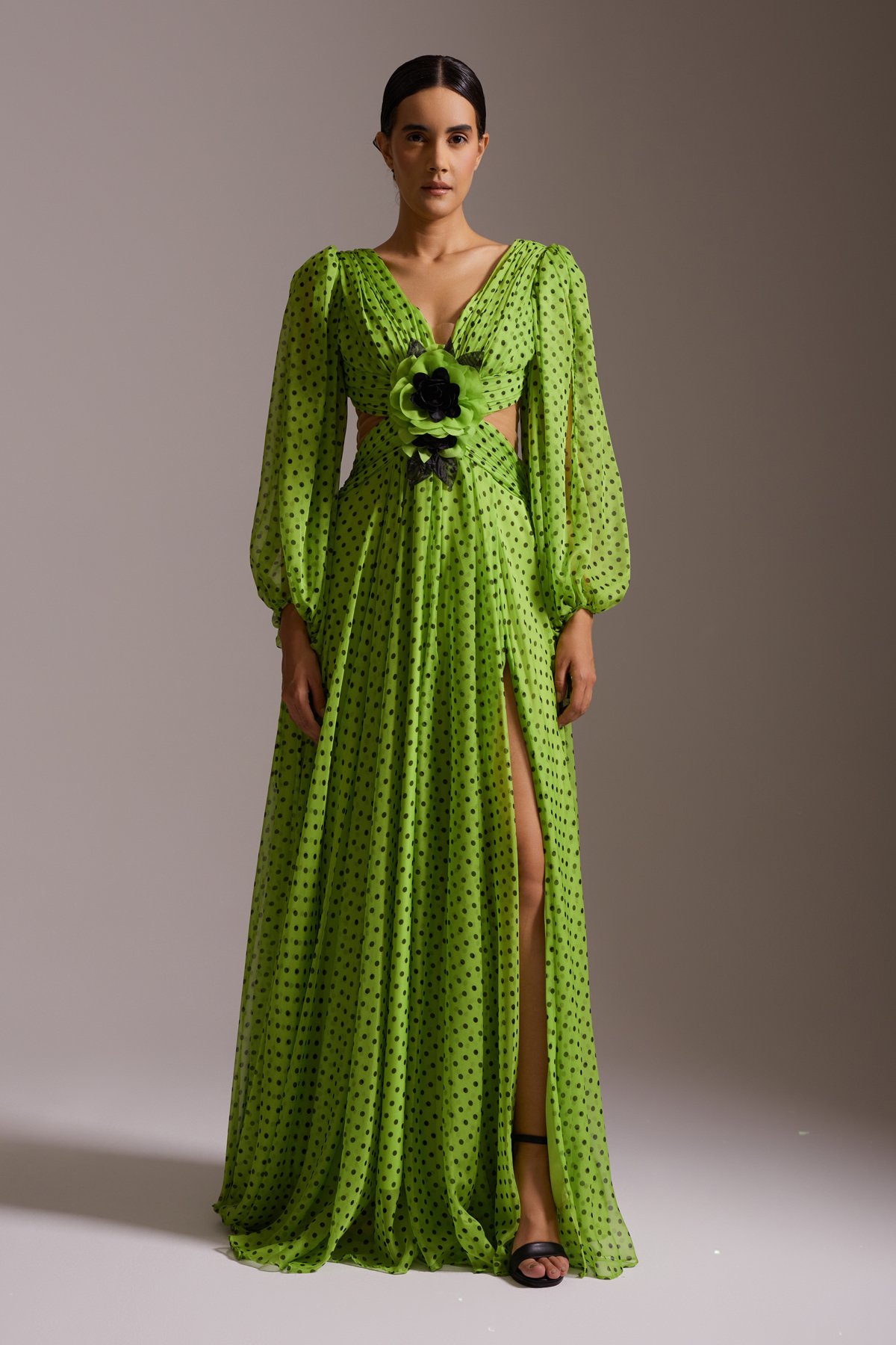 Polka Dot Chiffon Deep Slit V Neck Flower Detailed Long Evening Dress Green